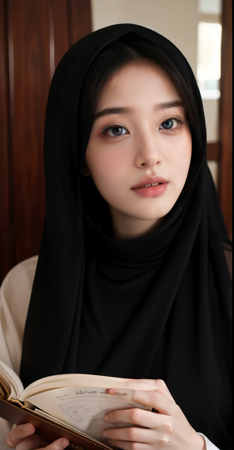 (best quality,4k,8k,highres,masterpiece:1.2),ultra-detailed,eyes detailed, face bright,Realistic face glow,(realistic,photorealistic,photo-realistic:1.37),19years old girl, Pasmina hijab abaya,blue hijab pasmina,asian korean beautiful girl girl,book,style sex +18,book Arabic,erotic Asian korean