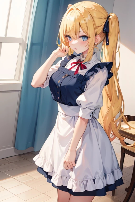 Beautiful girl in maid、(Top quality illustrations:1.2), (pretty girl:1.1), (1 girl、、Top quality illustrations:1.2), (1 girl、Kind eyes、blue eyes:1.2)、Blonde、Semi-long hair、Mature、(Blacwhite maid costume) 、from behind, from below, hip focus、White background、Simple Background