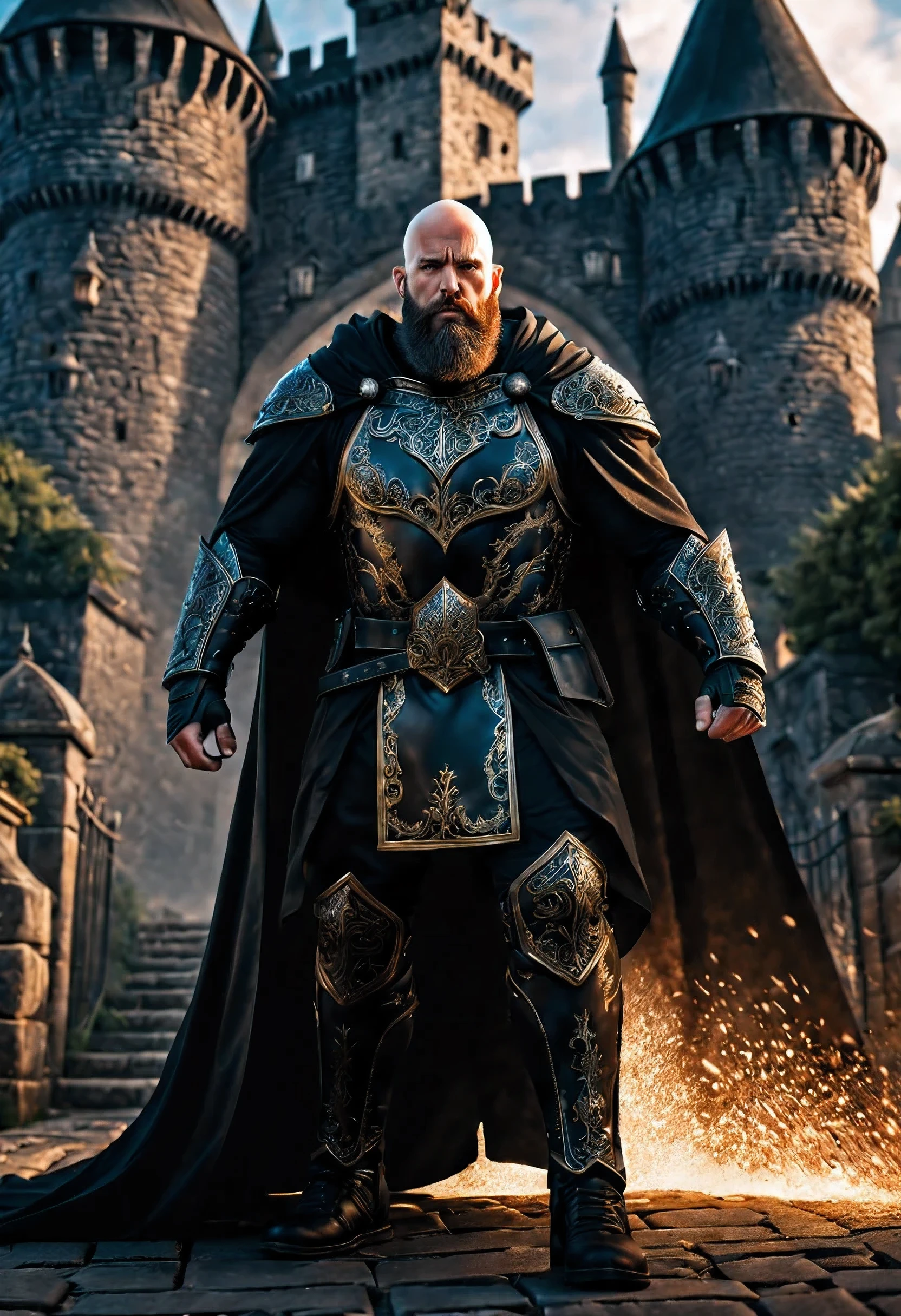 (masterpiece, best quality), intricate details, 8k, artstation, wallpaper, official art, splash art, sharp focus, bald and bearded hero, wearing black armor and cloak, mighty powers of the elements, standing in front of castle gate, angry and mighty