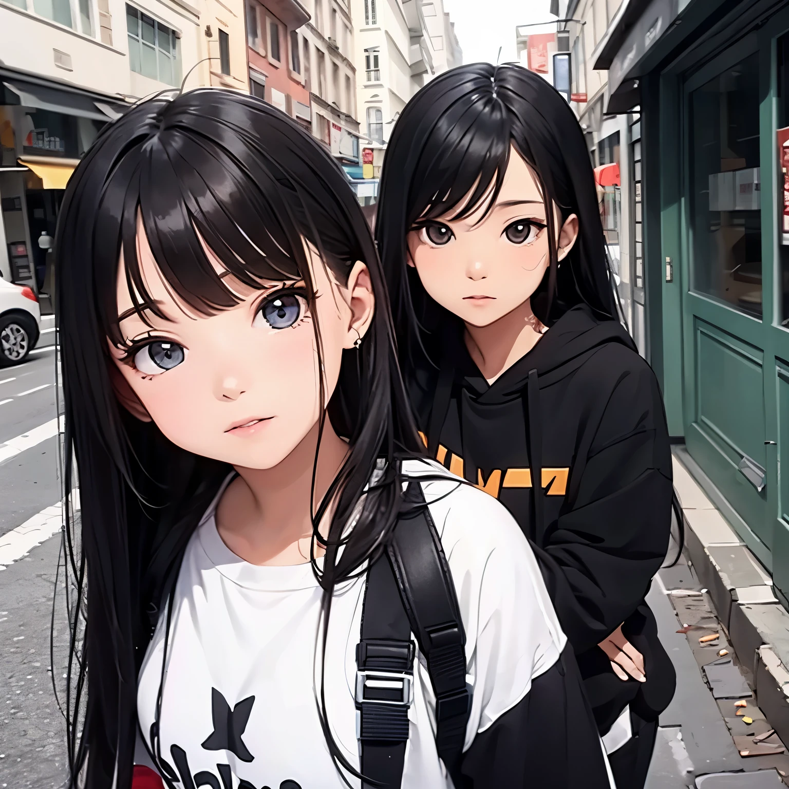 Two beautiful and cute girls, long black hair, black and white hoodie, trousers, sneakers, hug, decent, road