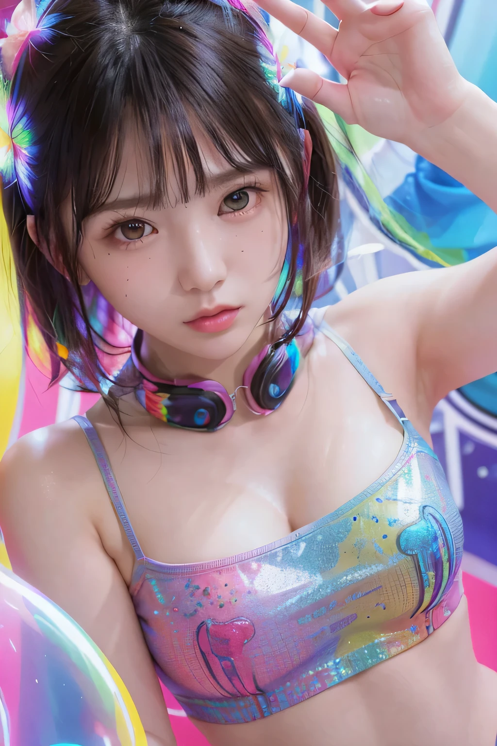 (upper body close-up), portrait, portrait, (alone), masterpiece, highest quality, High contrast in clothes, psychedelic, , particle, bloom, neon lighting, (shine), flat color, splash of color、colors mashing、With a round face、slim、flat body、cute、Sensual Pose、transparent vinyl clothes、Holographic clothing