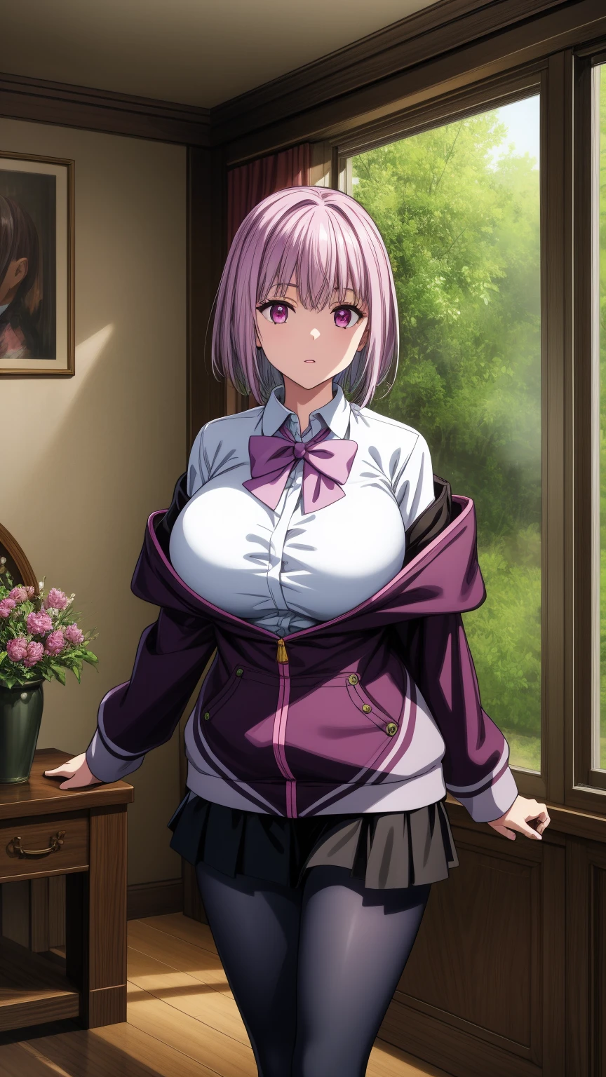 anime female character in school uniform, with short skirt,
BREAK
, shinjou akane, light purple hair, (pink eyes:1.2), short hair, (Beautiful,Huge_Breasts:1.3),
BREAK
, 1girl, solo, Standing in the garden, full body, full figure,
BREAK
, A breathtakingly beautiful garden filled with vibrant flowers, lush green plants, and a crystal-clear pond. The air is filled with the sweet scent of blooming flowers, and rays of golden sunlight gently filter through the leaves, creating a magical atmosphere,
BREAK
, black pantyhose, bow, collared shirt, hood, hooded jacket, jacket, open clothes, open jacket, open shirt, pantyhose, purple bow, purple jacket, school uniform, shirt, sleeves past wrists, unbuttoned shirt, white shirt, short skirt,
BREAK
, beautiful detailed eyes, beautiful detailed lips, extremely detailed eyes and face, long eyelashes,
BREAK
, medium: oil painting, atmospheric lighting, dreamy color palette, detailed interior decoration, quiet and peaceful ambiance,
BREAK
, (best quality,4k,8k,highres,masterpiece:1.2), ultra-detailed, official art, extremely detailed CG unity 8k wallpaper, perfect lighting, Colorful, (best_quality:1.0), ultra high res,4K, ultra-detailed, 8K, HDR, high resolution, absurdres:1.2, film grain, blurry background, (vibrant_color:1.2), (beautiful_face:1.5), (narrow waist),