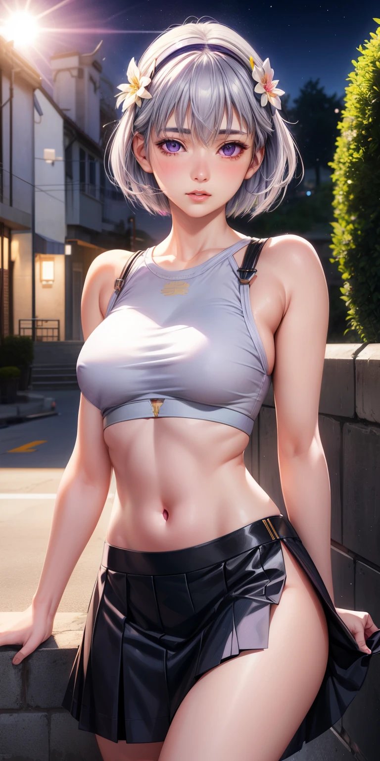 realistic, 1 girl, gray hair, purple eyes, shining eyes, crop top, skirt, parted lips, blush, night, flowers, sun, sunlight,Rei Ayanami