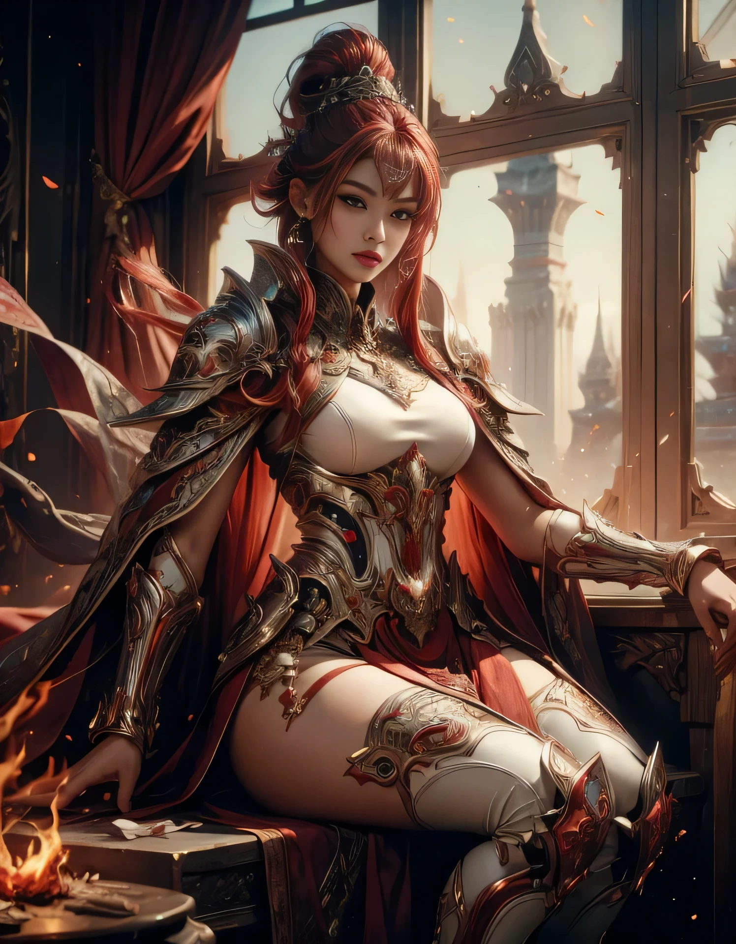 A young female warrior wearing a white leather outfit with a Thai pattern., Behind it was a red flame.., Wear revealing clothes, Dark blue hair, There is strong sunlight.., electric current around