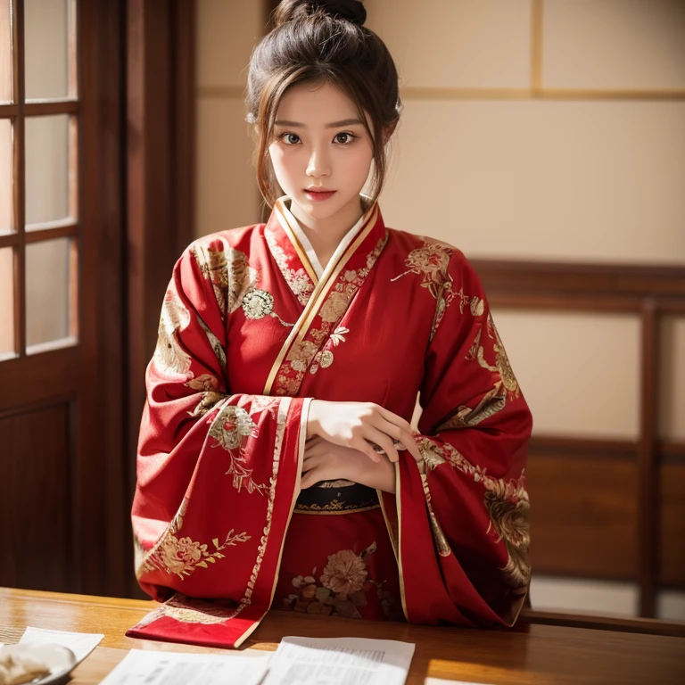 A beautiful young lady at the age of 15, brunette, hair bun, golden red asian style imperial clothing, slightly chubby,.