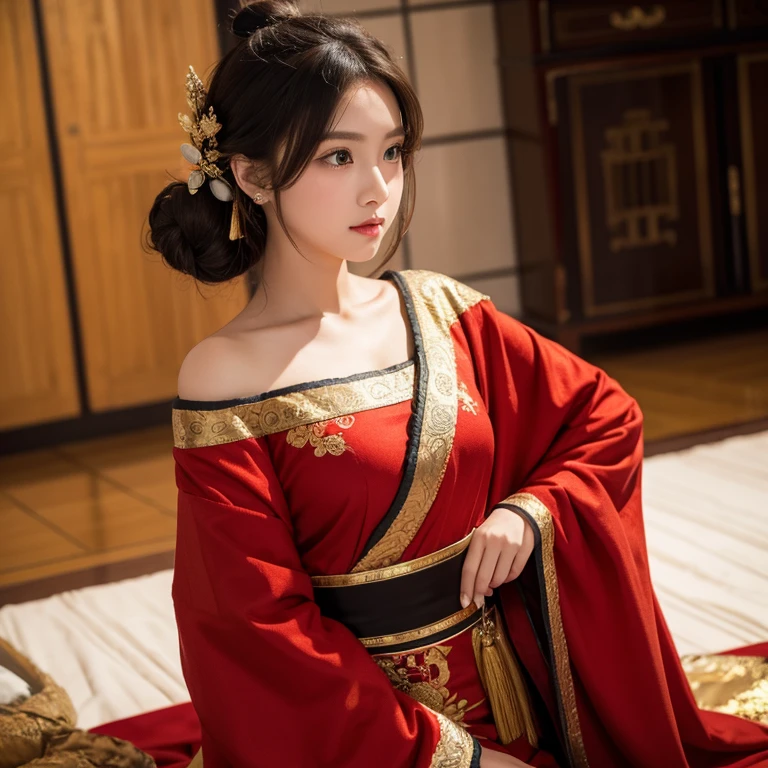 A beautiful young lady at the age of 15, brunette, hair bun, golden red asian style imperial clothing, slightly chubby,.