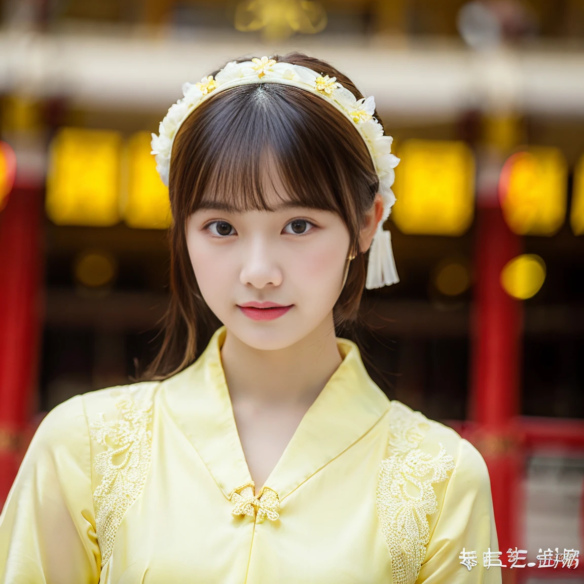 best quality, high resolution, photography, ****ung Girl, white skin, Yellow skin, moody, Ordinary cheongsam, full body photo, Standing under the ancient palace, hair accessories, necklace, decorations, Beautiful face, physically, Tyndall Effect, realistic, SLR, soft light, real person, Realism: Young woman wearing a cheongsam