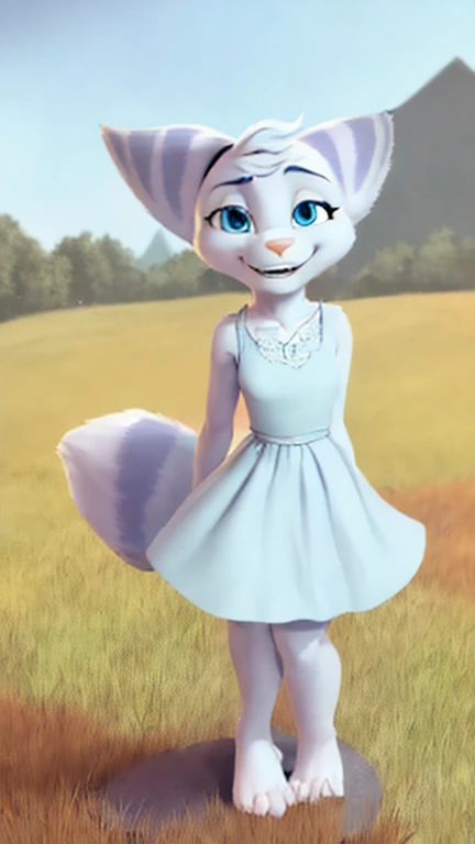 Furry Rivetlombax posing in an open field. (((She’s wearing a light blue sundress with a knee length skirt.))) (((Her tail emerges from a small hole in her dress.))) (((She is shown with two human feet, each with five toes.))) (((Her fluffy tail must be visible.))) (((She is shown standing in an open field with her arms at her sides, looking at the viewer with an extremely excited expression on her face.))) (((Her facial expressions should look like she is very excited and happy to see the viewer.)))