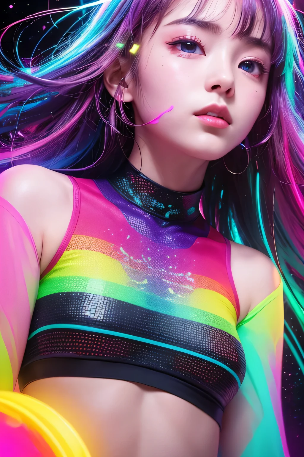 (upper body close-up), portrait, portrait, (alone), masterpiece, highest quality, High contrast in clothes, psychedelic, , particle, bloom, neon lighting, (shine), flat color, splash of color、colors mashing、With a round face、slim、flat body、cute、Sensual Pose