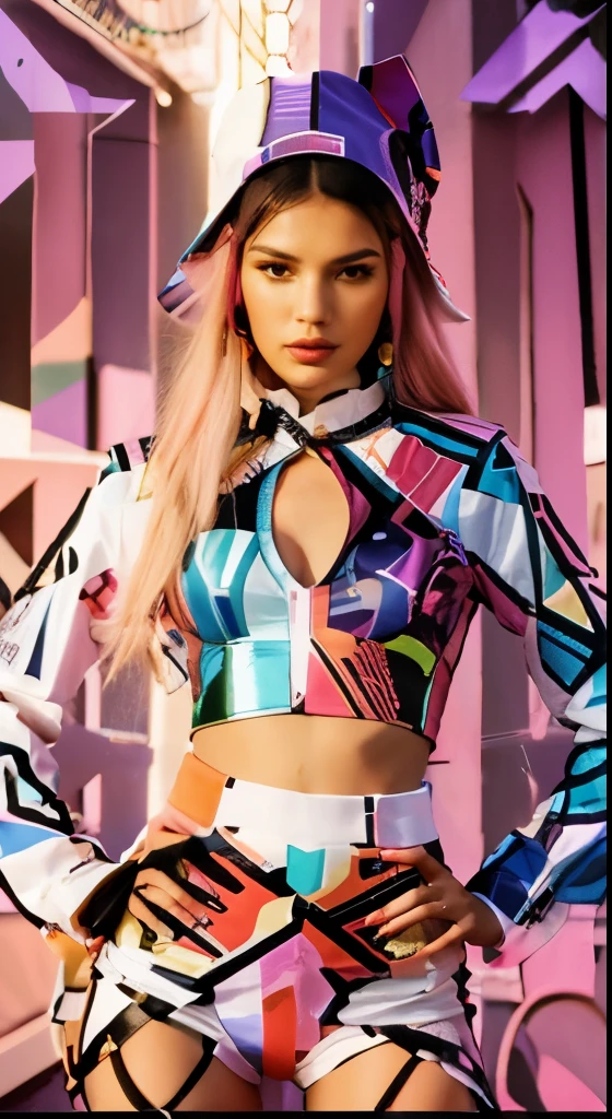 Woman in a colorful outfit posing for a picture, official versace editorial, futuristic clothing, futuristic fashion clothing, patterned clothing, colorful rich fantasy clothing, modern maximalist suit, futuristic clothes, bright trouser suit for a rave, inspiration, futuristic fashion, wearing futuristic pink oversized Bolivian casaca carnaval shirt. Kodak portra 400 photoshoot. Hyper realistic face.