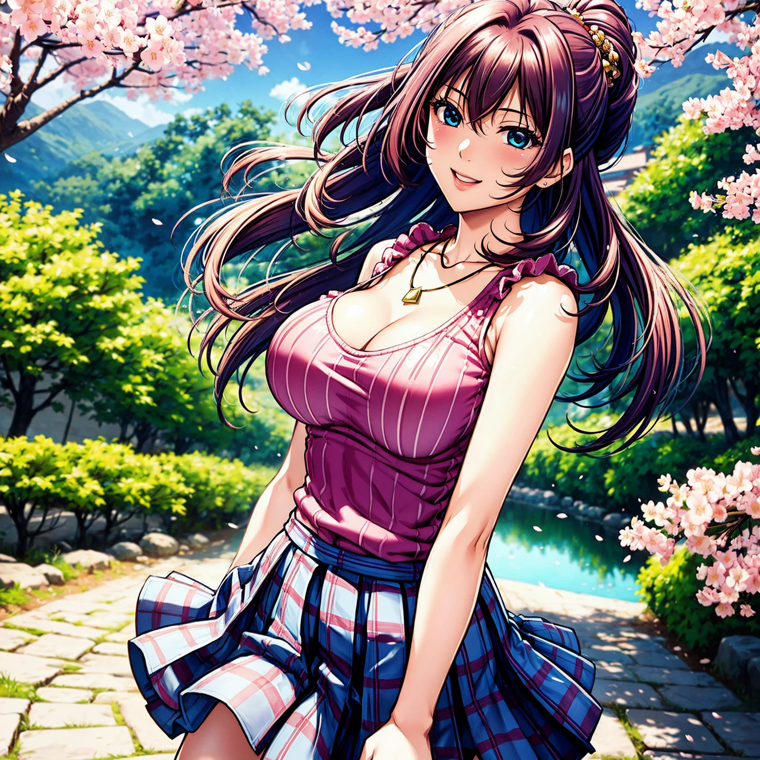 (((highest quality、masterpiece、very high resolution))),(There is one woman who has perfect and ultimate beauty.,beautiful figure,beautiful face,beautiful skin,beautiful breasts,Well-formed eyes and nose),(Have a nice smile,open your mouth,cheeks are red),(beautiful hair,best hair texture),(beautiful breasts:F cup,Best skin texture,),((Sleeveless knitwear,necklace,plaid pleated skirt)),(A path lined with flourishing cherry blossom trees、Cherry tree,beautiful scenery,There is a sense of dynamism,the wind is blowing)、(beautiful pose,model shoot),(best shot,RAW photo)、Realistic portraits,bijinga,