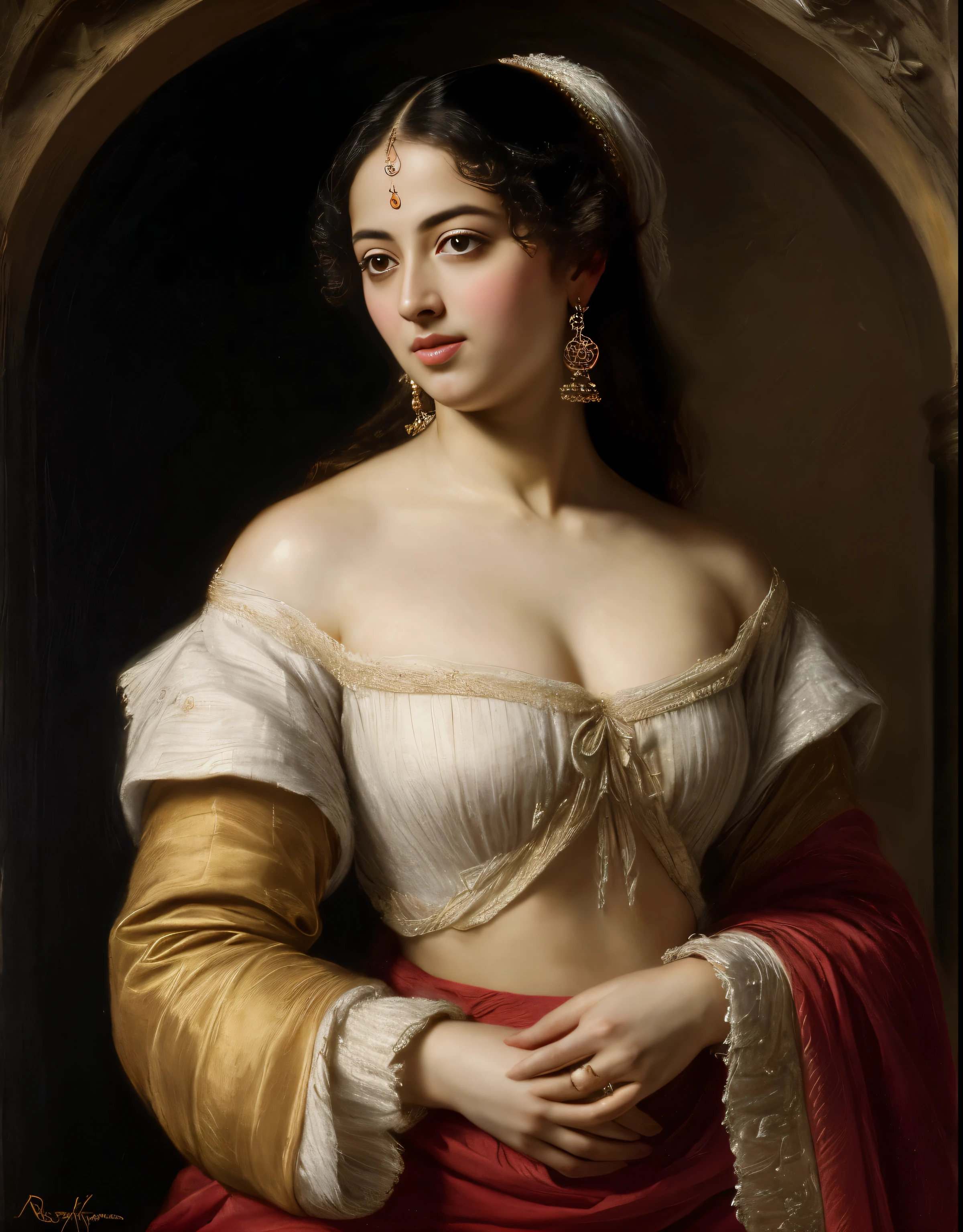 Best quality, highly detailed, masterpiece, Indian princess, Rajkanya, royal clothes, Masterpiece, extremely gorgeous woman, matchless Beauty, portrait, Peter Paul Rubens style, looks like Anushka Shetty, Woman, off shoulder bandeau crop blouse, middle ages, classicism, andrey atroshenko style, painting, long hair, styled hair, traditional media, realistic, figurative, fine art, detailed Art, oil on canvas, HDR, 8K, original character, high resolution, high detail, focus on the face, intricate, flawless, fluffy hair, Peter Paul Rubens style, By Peter Paul Rubens, sharp picture, avoid crown or mukut in picture,