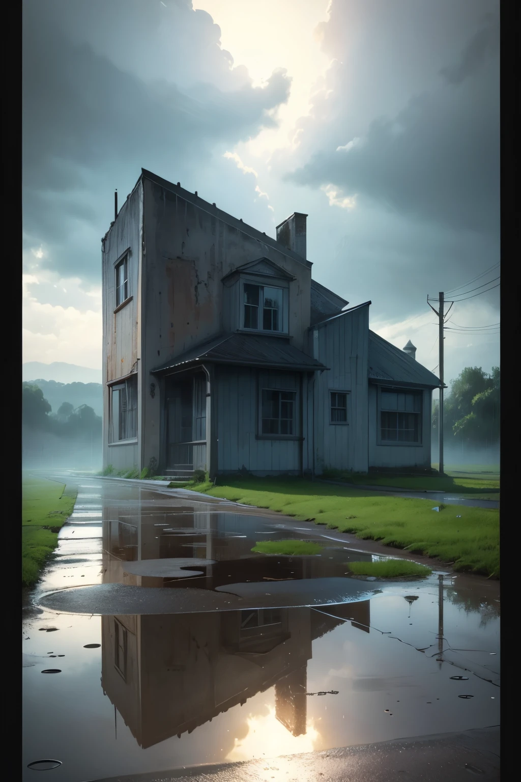 Concept art, no humans, water puddles, country side, rain, cloudy,