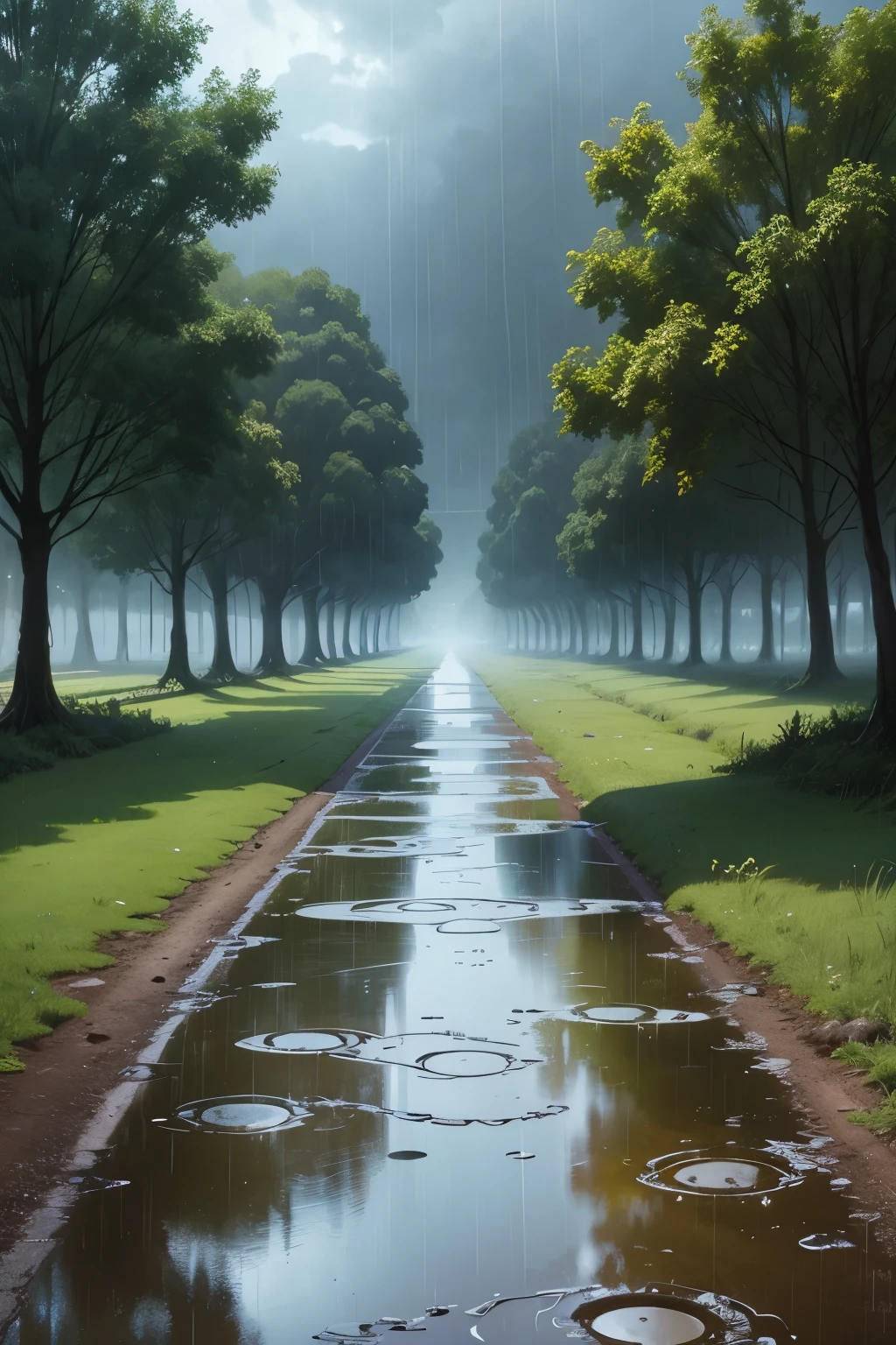 Concept art, no humans, water puddles, country side, rain, cloudy,