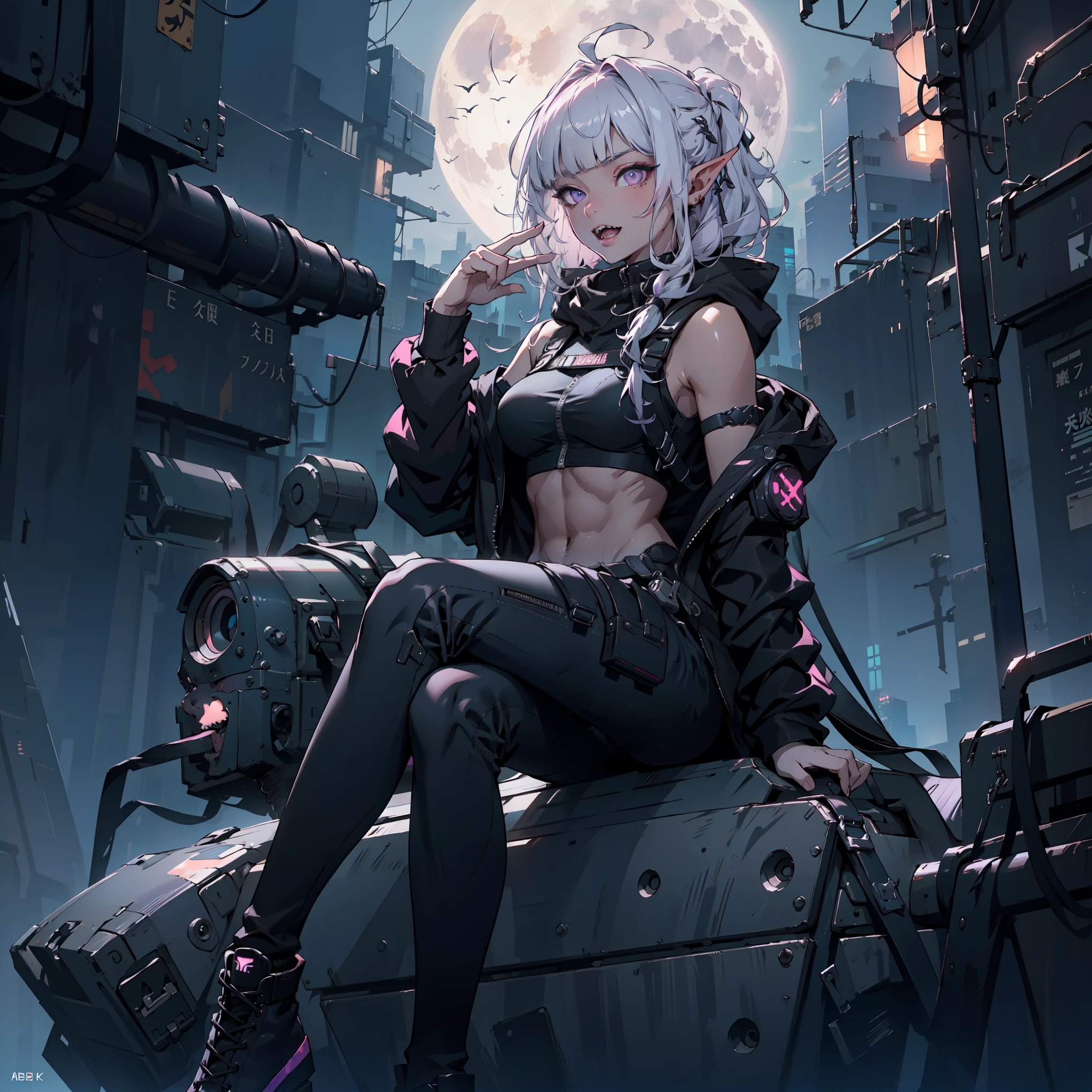 ((masterpiece)), (top quality), (best quality), ((ultra-detailed, 8k quality)), Aesthetics, Cinematic lighting, soft semi-backlit light, (detailed line art), absurdres, (best composition), (high-resolution),
BREAK,
A Rebellious Cyberpunk dark elf Female Image, wearing cyberpunk shirt with a armbands, cyberpunk techwear women, techwear occultist, stylish and edgy outfit, black pants, sleeveless hoodie, black tigh-high boots, zipper, (sitting, cross-legged), (atmospheric perspective), (top of building), (cyberpunk cityscape background, full moon sky, simple dark night background), cinematic dramatic dark atmosphere,
BREAK,
highly detailed of (dark elf), (1girl), solo, perfect face, details eye, ahoge, (hair loop:1.2), white shining hair, (braided bangs:1.1),  violet eyes, shining eyes, (beautiful detailed eyelashes, eyeshadow, pink eyeshadow), smile, open mouth, tongue, teeth, ((sharp teeth)), design art by Mikimoto Haruhiko, by Kawacy, By Yoshitaka Amano,
BREAK, 
((perfect anatomy)), perfect body, Abs, medium breast, perfect hands, perfect face, beautiful face, beautiful eyes, perfect eyes, (perfect fingers, deatailed fingers), correct anatomy, perfect legs, (dark skin:1.2)