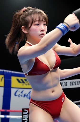 Beautiful girl idol female mixed martial artist。Match in the ring。I'm enduring it painfully。Full of scars。nosebleed。delicate。bikini。