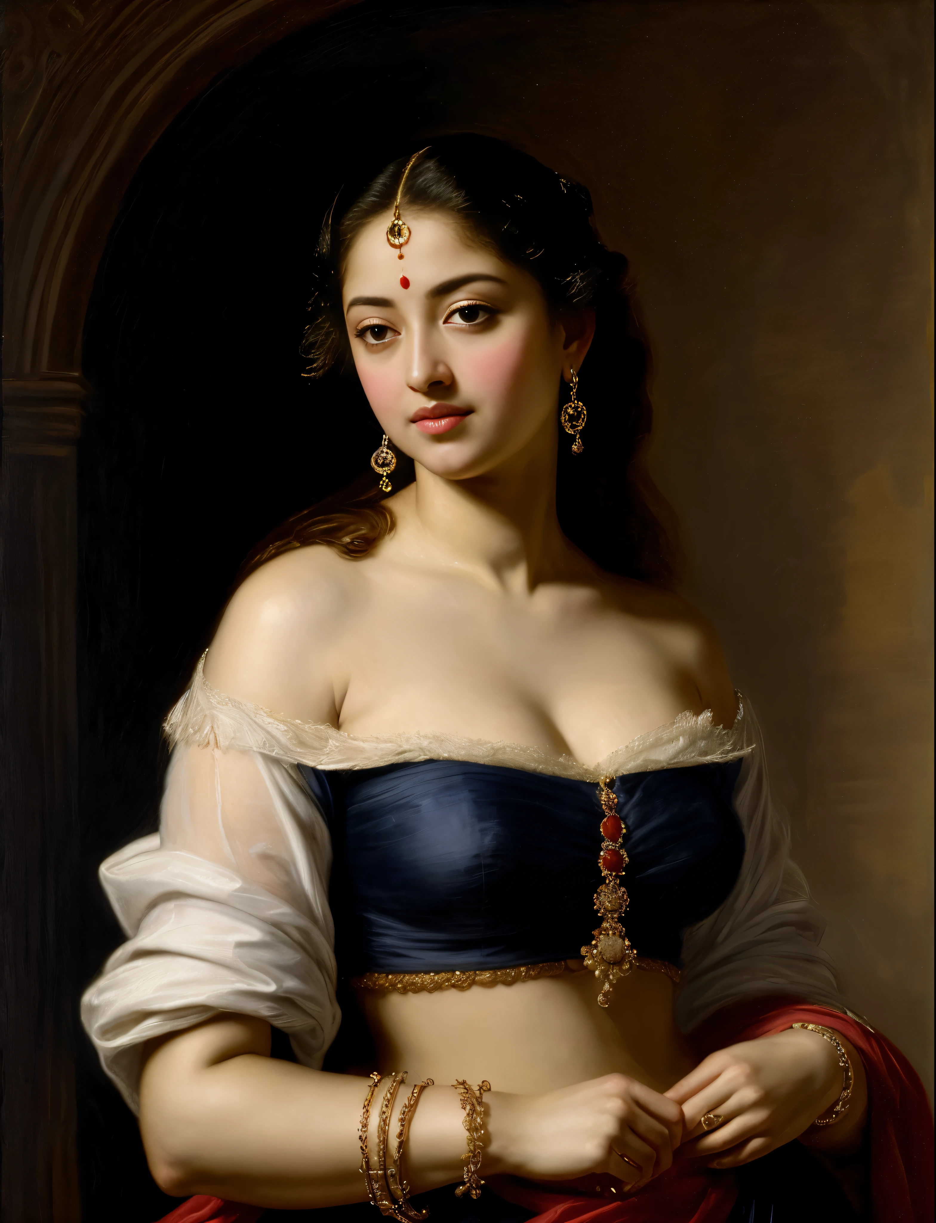 Best quality, highly detailed, masterpiece, Indian princess, Rajkanya, royal clothes, Masterpiece, extremely gorgeous woman, matchless Beauty, portrait, Peter Paul Rubens style, looks like Anushka Shetty, Woman, off shoulder bandeau crop blouse, middle ages, classicism, andrey atroshenko style, painting, long hair, styled hair, traditional media, realistic, figurative, fine art, detailed Art, oil on canvas, HDR, 8K, original character, high resolution, high detail, focus on the face, intricate, flawless, fluffy hair, Peter Paul Rubens style, By Peter Paul Rubens, sharp picture, avoid crown or mukut in picture,