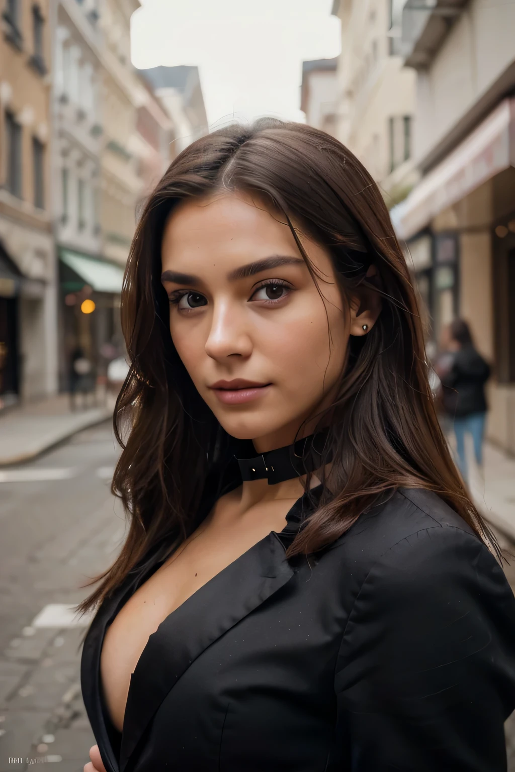 1 Woman, (Realstic:1), Content, fully body portrait , 24 year old, ((face, happy)), stunning RAW , the beautiful face, long brown hair, ultra beautiful woman, miss univers, sharp focus, highly detailed, 8k UHD, natural lighting, octane render, maximum detail, hyper-detailed, hyper-realistic, ultra-detailed, highest detail quality, ultra-realistic, shot with Canon r5 35mm lens f/ 5. 6 --ar 69:128 --style raw --v 5. 2, (high detail skin: 1.2), 8k uhd, DSLR, soft light, high quality, film grain, 20mp,  front view, very detailed, natural, high resolution, best quality, intricate detail, very detailed, detailed skin, realistic skin texture, texture, detailed eyes, professional, 4k, kodak color vision, extremely detailed, photorealistic, realistic, post-processing, maximum detail, roughness, real life, ultra realistic, photorealism , on a street wearig black satin collar blazer dress, sexy mysterious look, super beautiful, desire