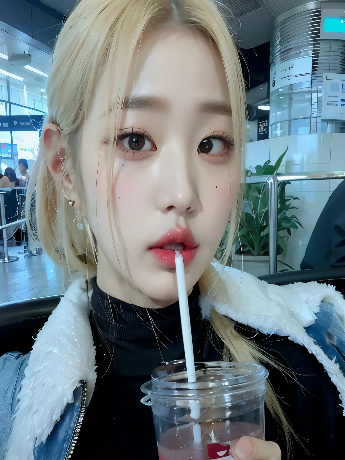 araffe girl with a straw drinking a drink at an airport, jinyoung shin, roseanne park of blackpink, jaeyeon nam, beautiful aesthetic face, ulzzang, popular south korean makeup, jossi of blackpink, portrait of jossi of blackpink, with cute - fine - face, pale round face, heonhwa choe, popular korean makeup