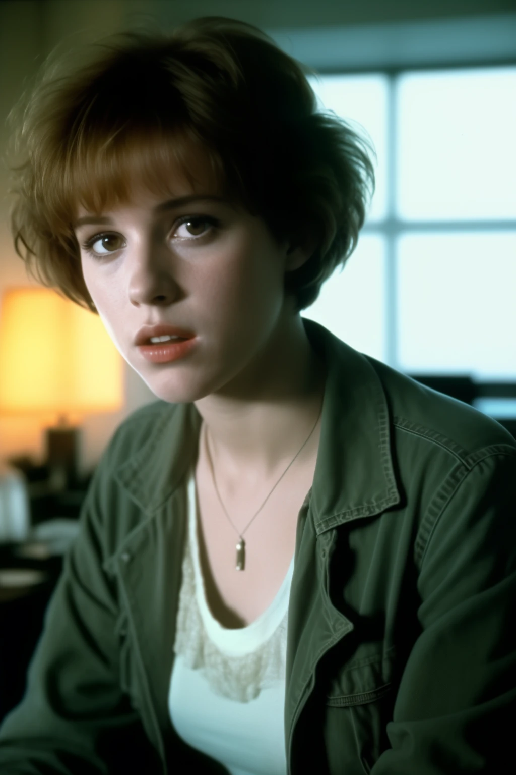 Eighteen-year-old Molly Ringwald, frowning, with messy/shaggy razored/layered bob haircut with sideswept bangs, wearing an olive-drab jacket with sleeves pushed up, a watch necklace, white tank top, driving gloves and jeans, hi-tech laboratory setting, extremely realistic, extremely detailed, extreme realism, extreme detail, cinematic, extremely accurate resemblance, scene from 1986 psychological sci-fi horror/thriller film, shot on 35mm film, directed by Michael Mann, cinematography by Dante Spinotti, florescent lighting, muted color scheme, muted color palette, dark, moody, neo-noir, tech-noir, atmospheric, near future, brooding, brooding anti-heroine, 4k ultra high definition remaster from the original 35mm film elements, taken from Criterion Collection 4k Blu-Ray release, cult classic, masterpiece