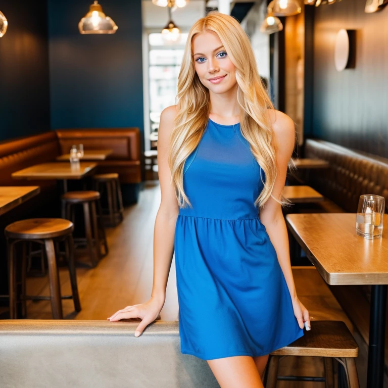 ((Upper Body Photo)), <lora:TiffT33n_v11:0.9>, TiffT33n, medium breasts, blonde hair, , alluring pose, hand on hip, standing in restaurant, date night, realistic ,masterpiece, <lora:m1n1dr3ss2ng:0.6> m1n1dr3ss2ng, mini dress, blue dress,
