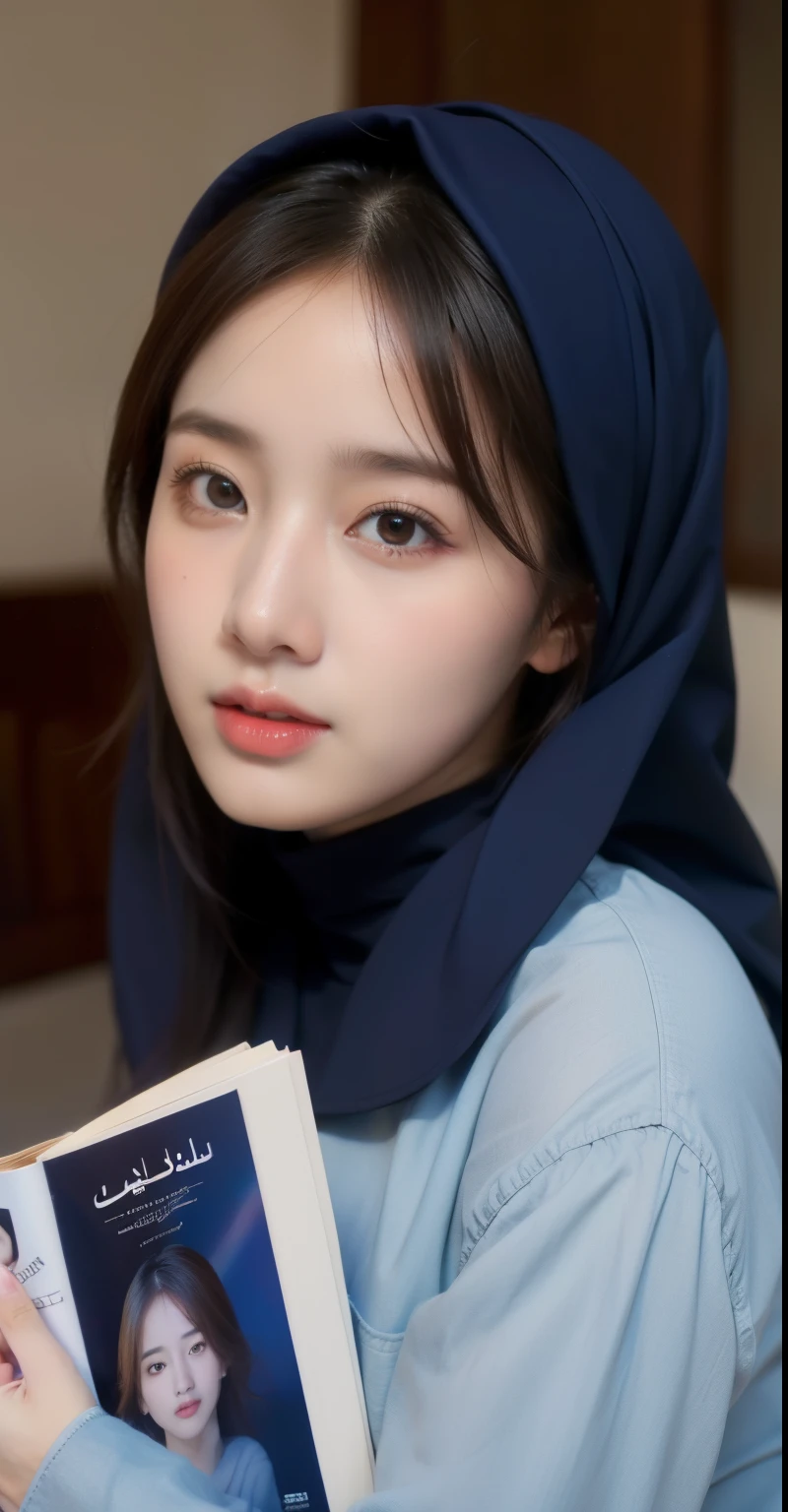 (best quality,4k,8k,highres,masterpiece:1.2),ultra-detailed,eyes detailed, face bright,Realistic face glow,(realistic,photorealistic,photo-realistic:1.37),19years old girl, Pasmina hijab abaya,blue hijab pasmina,asian korean beautiful girl girl,book,style sex +18,book Arabic,erotic Asian korean