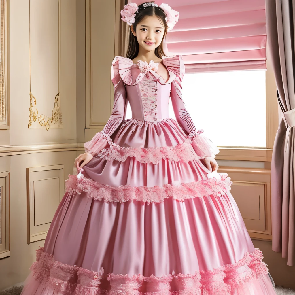 highest quality, masterpiece, highest resolution, artwork, super それにget used to it, many get used to it, get used to it, それにget used to it,,girl, (()),(()),girlはお姫様です,((girly dark pink satin fabric)), Long hair that reaches to the waist,((Victorian ball gown dress with plenty of pink ruffles and bows and a voluminous full-length hoop skirt.)),long sleeve,long dress,A dress with lots of frills and ribbons....,luxury,((Palace bedroom)),