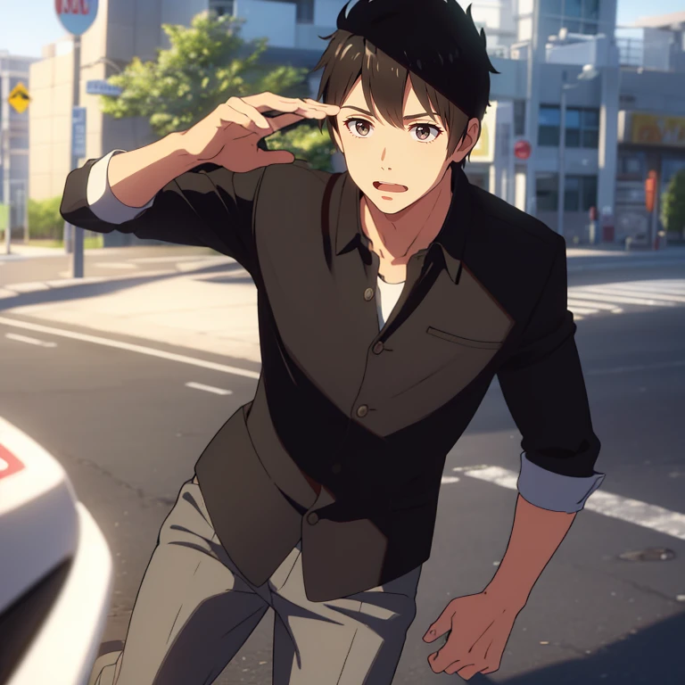 a 20-year-old boy),((The facial expression is flattering)),(black hair),point the lens,on the road