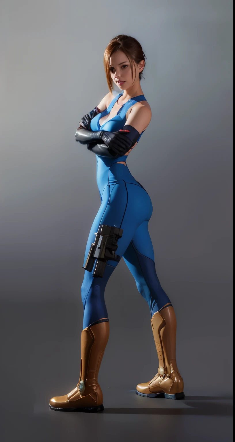 a close up of a woman in a blue suit with a gun, zero suit samus, cammy, glamorous jill valentine, full body render, samus, high res render, samus aran, full body shot hyperdetailed, full body close-up shot, samus aran bioorganic varia suit, samus aran fanart, full body profile pose, official render