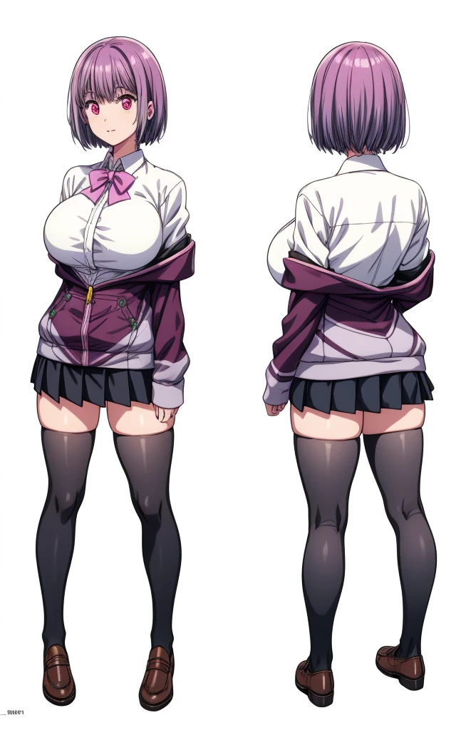 anime female character in school uniform, with short skirt,
BREAK
, shinjou akane, light purple hair, (pink eyes:1.2), short hair, (Beautiful,Huge_Breasts:1.3),
BREAK
, 1girl, solo, Standing in the garden, full body, full figure,
BREAK
, A breathtakingly beautiful garden filled with vibrant flowers, lush green plants, and a crystal-clear pond. The air is filled with the sweet scent of blooming flowers, and rays of golden sunlight gently filter through the leaves, creating a magical atmosphere, 
BREAK
, black pantyhose, bow, collared shirt, hood, hooded jacket, jacket, open clothes, open jacket, open shirt, pantyhose, purple bow, purple jacket, school uniform, shirt, sleeves past wrists, unbuttoned shirt, white shirt, short skirt, 
BREAK
, beautiful detailed eyes, beautiful detailed lips, extremely detailed eyes and face, long eyelashes,
BREAK
, medium: oil painting, atmospheric lighting, dreamy color palette, detailed interior decoration, quiet and peaceful ambiance,
BREAK
, (best quality,4k,8k,highres,masterpiece:1.2), ultra-detailed, official art, extremely detailed CG unity 8k wallpaper, perfect lighting, Colorful, (best_quality:1.0), ultra high res,4K, ultra-detailed, 8K, HDR, high resolution,  absurdres:1.2, film grain, blurry background, (vibrant_color:1.2), (beautiful_face:1.5), (narrow waist),