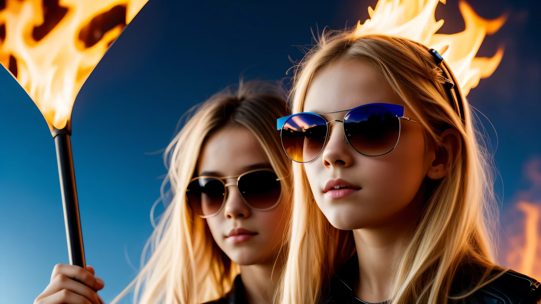image of a kids girls blonde with sunglasses and a sign, halo on fire, heavy metal band promo,