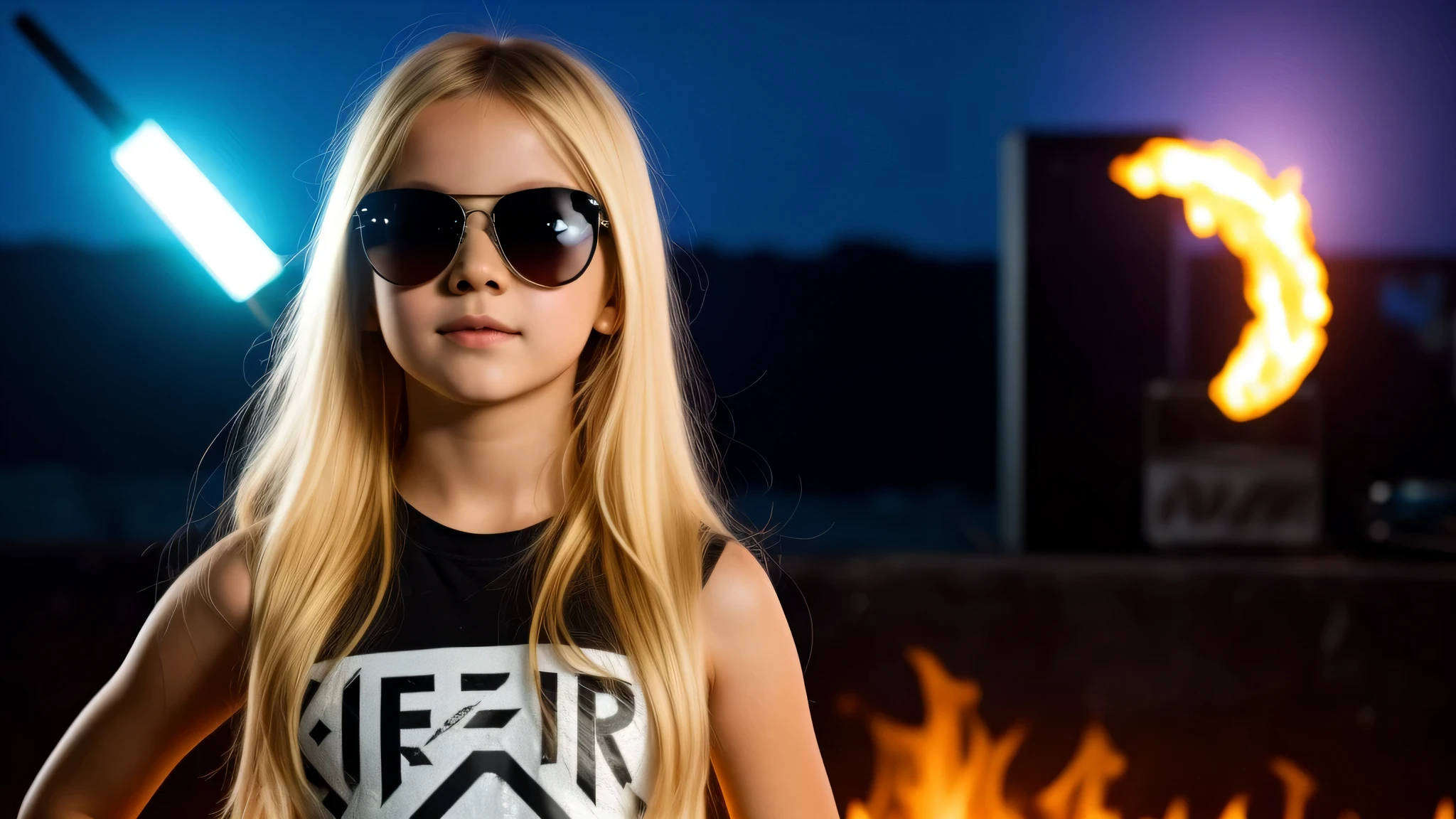 image of a kids girls blonde with sunglasses and a sign, halo on fire, heavy metal band promo,