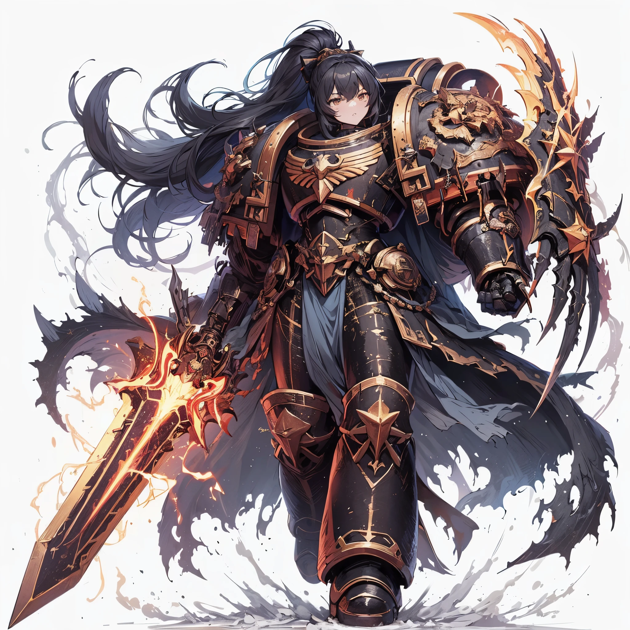 Masterpiece, best quality, ultra-detailed, anime style, solo, full body of Chaos space marine girl, Heavy laminated power armor, blackened burnished armor with gold trim, black one top knot hairstyle, left hand held huge sword and light hand as GIANT HUGE claw, supernatural Lightning and flame, Warhammer 40K, ((Eight-pointed star symbol)), 8k high resolution, trending art station, white background, whole body,