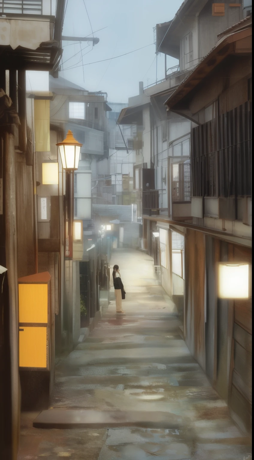 street in tokyo, rural, poor raining, O estilo de Yoshitaka Amano e Hayao Miyazaki,obra-prima,proporcional,o detalhe,trends in Art station,linda iluminada,realisticamente,