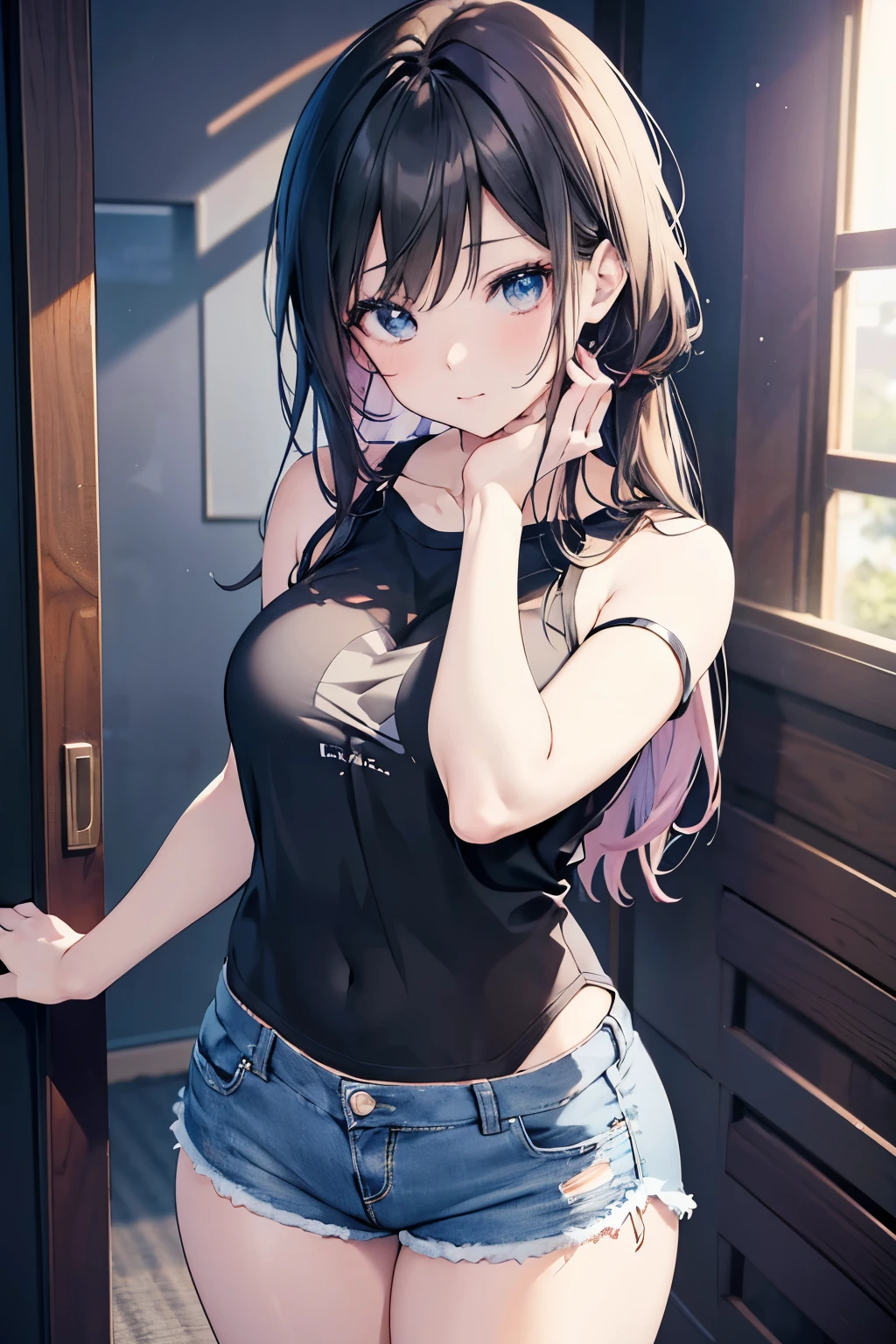 anime girl in a black top and denim shorts posing for a picture, attractive anime girl, seductive anime girl, beautiful anime girl, cute anime girl, realistic anime 3 d style, photorealistic anime girl render, pretty anime girl, realistic young anime girl, beautiful alluring anime teen, photorealistic anime, beautiful alluring anime woman, young anime girl, casual pose
