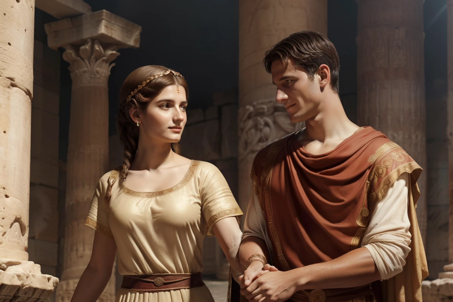 Rome, 77 BC. A young ((((23-year-old)) Julius Caesar)), and his wife Cornelia, holding hands, ((loving expression)). ((((roman clothings from the 1st century BC)))) ((ancient rome hairstyle))