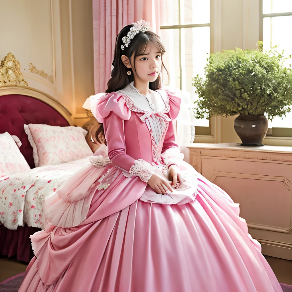 highest quality, masterpiece, highest resolution, artwork, super それにget used to it, many get used to it, get used to it, それにget used to it,,girl, (()),(()),girlはお姫様です,((girly dark pink satin fabric)), Long hair that reaches to the waist,((Rococo-style ball gown dress with plenty of pink ruffles and bows and a voluminous full-length hoop skirt.)),long sleeve,long dress,A dress with lots of frills and ribbons....,luxury,((Palace bedroom)),