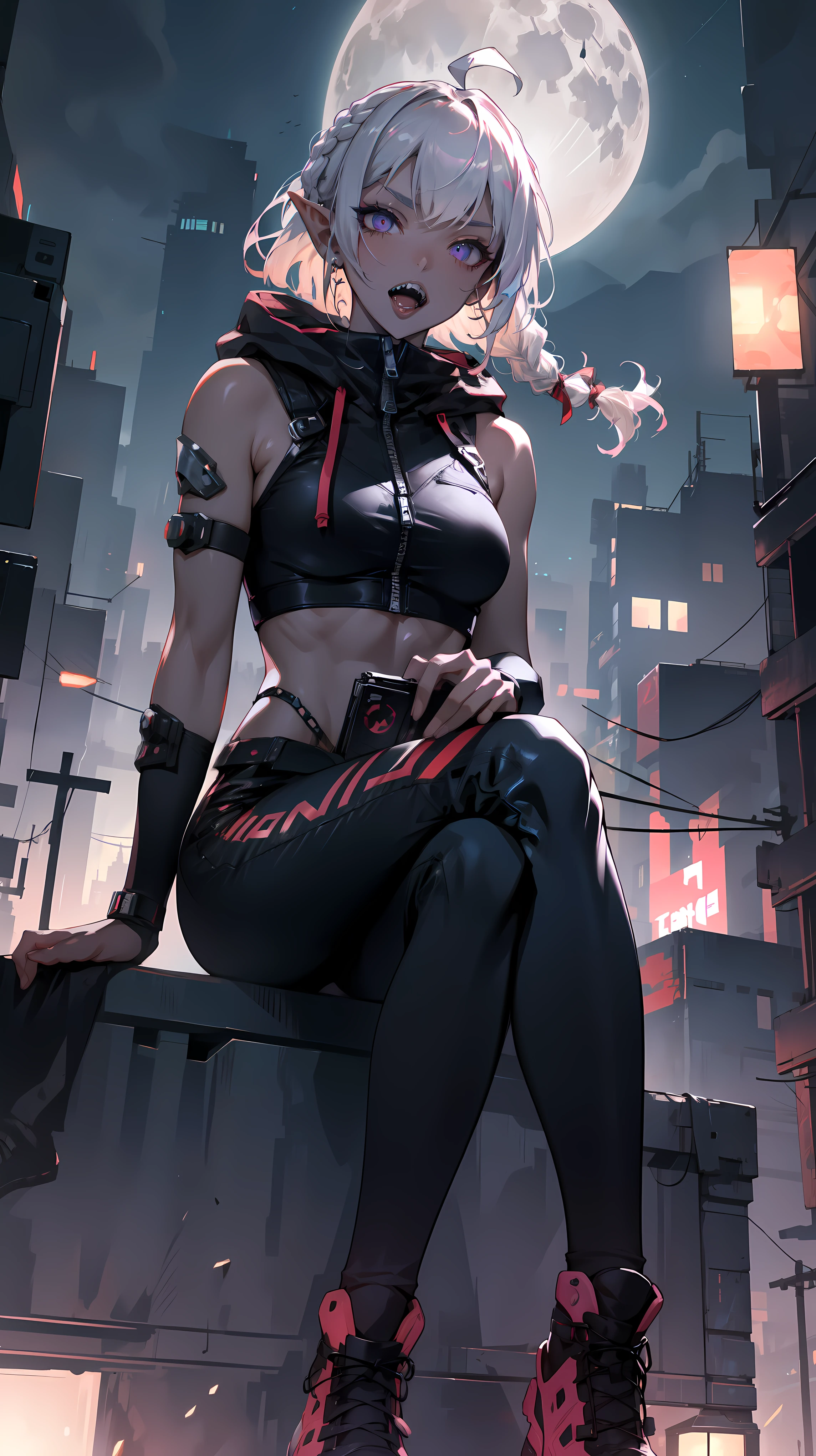 ((masterpiece)), (top quality), (best quality), ((ultra-detailed, 8k quality)), Aesthetics, Cinematic lighting, soft semi-backlit light, (detailed line art), absurdres, (best composition), (high-resolution),
BREAK,
A Rebellious Cyberpunk dark elf Female Image, wearing cyberpunk shirt with a armbands, cyberpunk techwear women, techwear occultist, stylish and edgy outfit, black pants, sleeveless hoodie, black tigh-high boots, zipper, (sitting, cross-legged), (atmospheric perspective), (top of building), (cyberpunk cityscape background, full moon sky, simple dark night background), cinematic dramatic dark atmosphere,
BREAK,
highly detailed of (dark elf), (1girl), solo, perfect face, details eye, ahoge, (hair loop:1.2), blonde white shining hair, (braided bangs:1.1), violet eyes, shining eyes, (beautiful detailed eyelashes, eyeshadow, pink eyeshadow), smile, open mouth, tongue, teeth, ((sharp teeth)), design art by Mikimoto Haruhiko, by Kawacy, By Yoshitaka Amano,
BREAK,
((perfect anatomy)), perfect body, Abs, medium breast, perfect hands, perfect face, beautiful face, beautiful eyes, perfect eyes, (perfect fingers, deatailed fingers), correct anatomy, perfect legs, (dark skin:1.2)