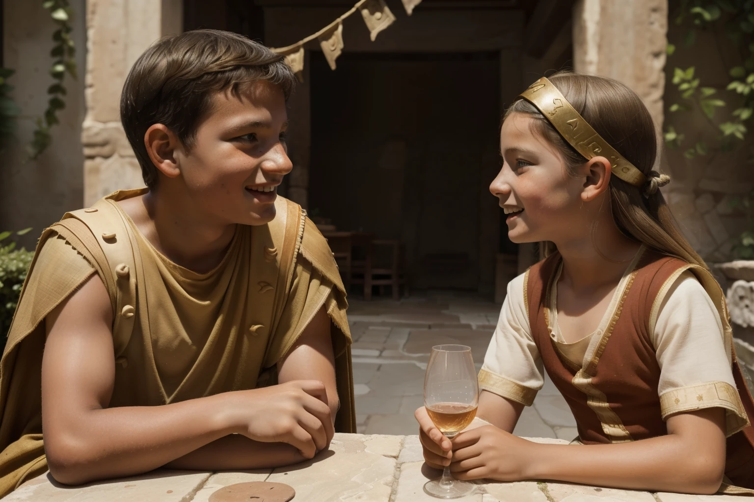 Rome, 77 BC. A young ((((12-year-old)) Julius Caesar)), with ((8-year-old Cornelia)), in a patio, ((friendly expression)). ((((roman clothings from the 1st century BC))))