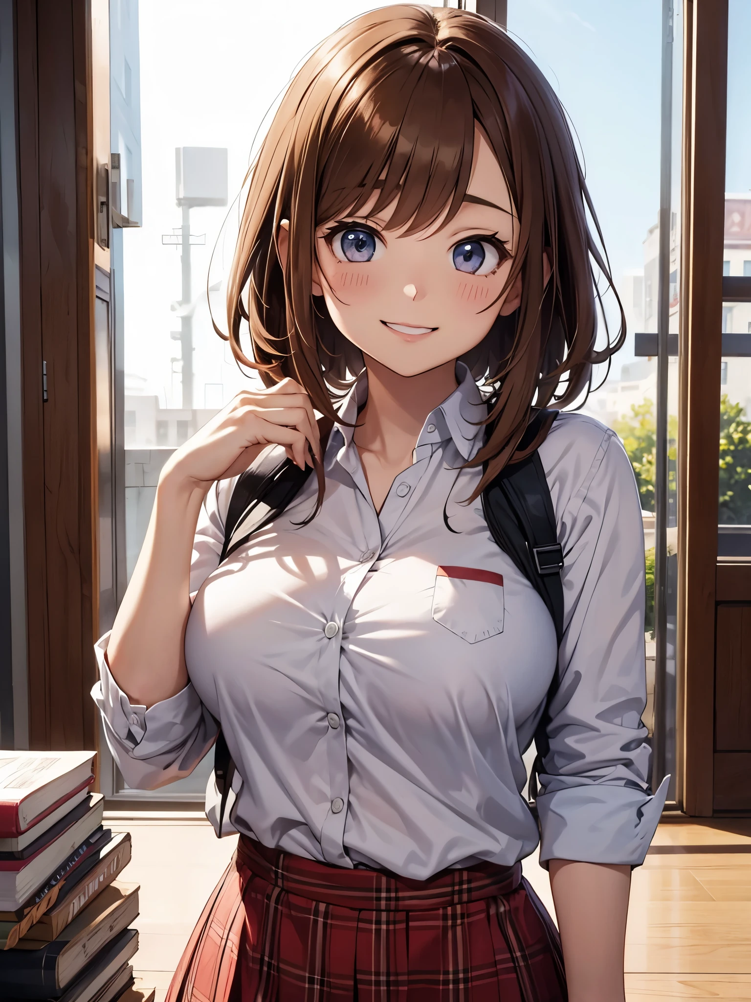Ochako, 1girl, solo, smile, huge breasts, blush, wearing good shirt