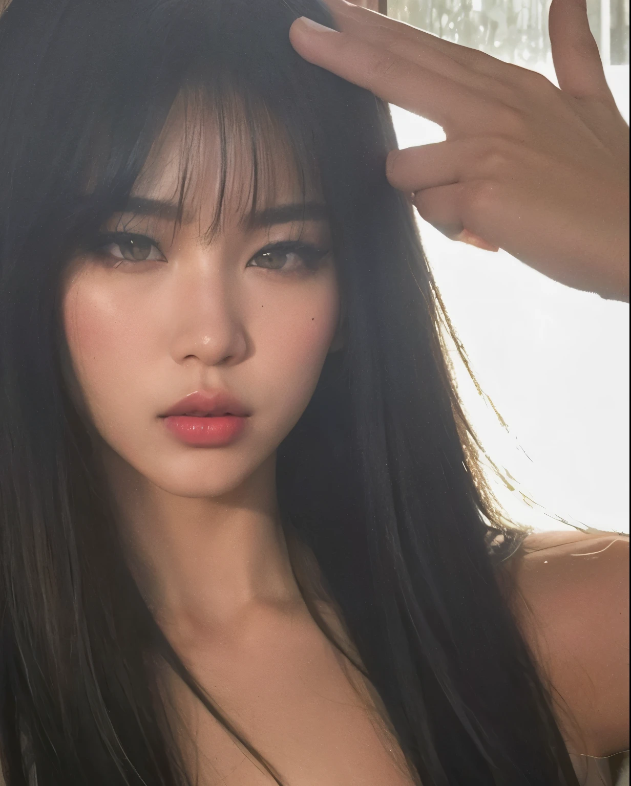 Asian arafed woman with long black hair and a pink lip, Lalisa Manobal, Lalisa Manoban do Blackpink, she has black hair com franja, Retrato de Jossi do Blackpink, jennie blackpink, linda mulher sul-coreana, com franja completa, Sun Yunjoo, com franja, coreana, Franja reta longa, Kim Jung Gi