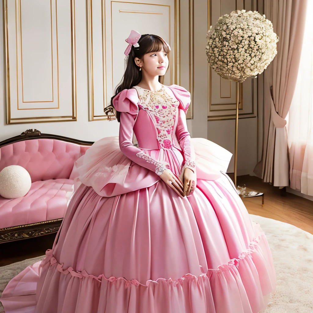 highest quality, masterpiece, highest resolution, artwork, super それにget used to it, many get used to it, get used to it, それにget used to it,,girl, (()),((10 years old)),girlはお姫様です,((girly dark pink satin fabric)), Long hair that reaches to the waist,((Rococo-style ball gown dress with plenty of pink ruffles and bows and a voluminous full-length hoop skirt.)),long sleeve,long dress,A dress with lots of frills and ribbons....,luxury,((Palace bedroom)),