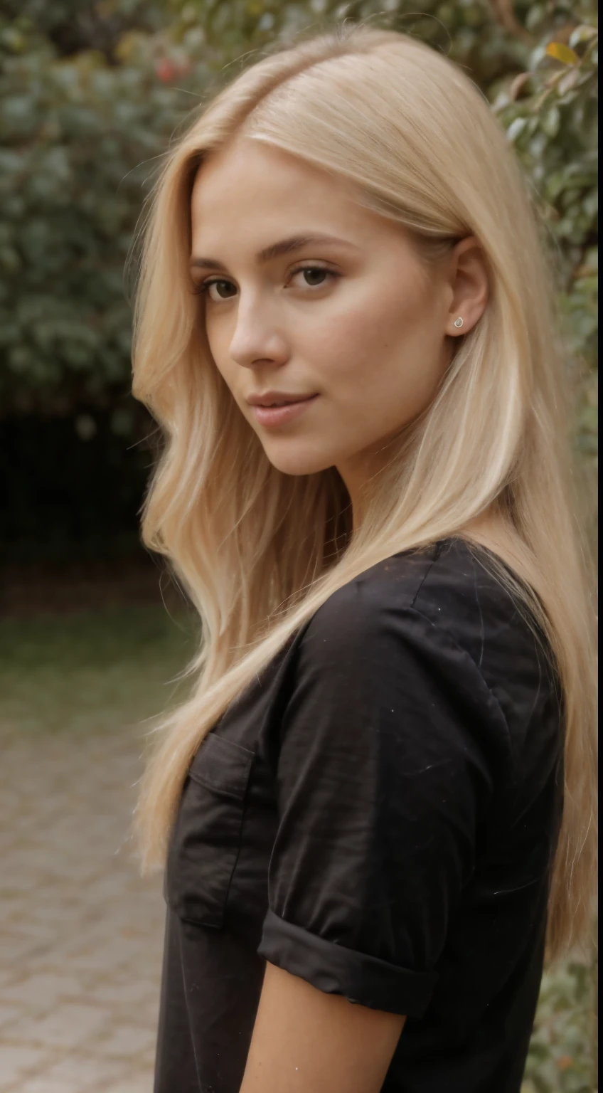 A 23-year-old blonde woman, ((pechos grandes)), ((hiperrealismo)) ,. blonde hair with light brown roots. cabello rubio, Hair with brown roots, cabello extra largo, cabello muy largo, really long hair, Beautiful, Front view, selfie, photo taken with iPhone, elegant black shirt with escote, escotada, selfie in the rose garden, high quality, selfie iPhone, cleavage