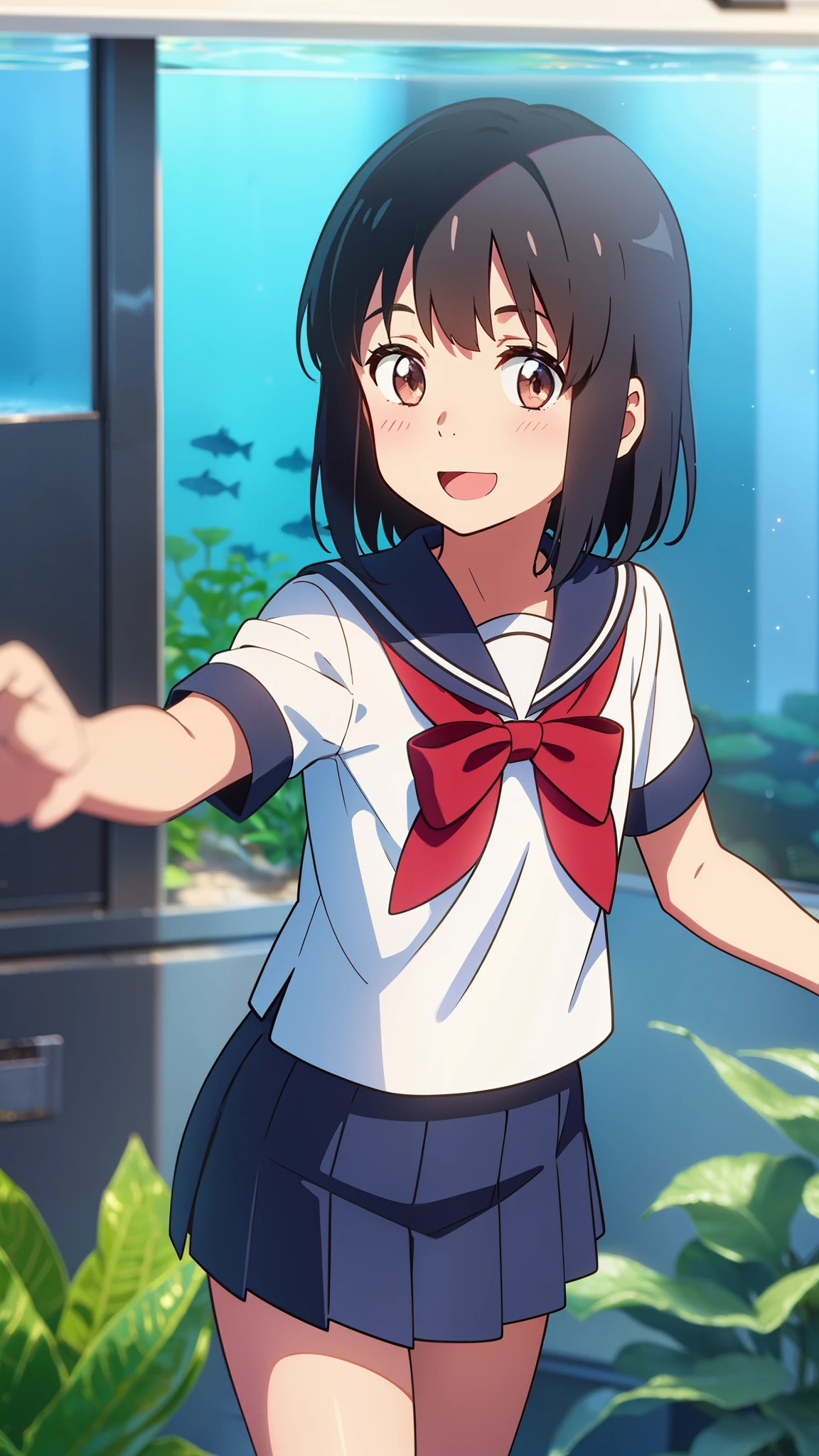 shinkai makoto, kimi no na wa., 1girl, bangs, black hair, blush, brown eyes, shiny skin, blue sailor collar, white sailor color, serafuku, red bow, red headband, red ribbon, short hair, smile, cute, solo, shirt, blue skirt, short sleeves, happy, open mouth, In front of the aquarium, aquarium, looking at viewer