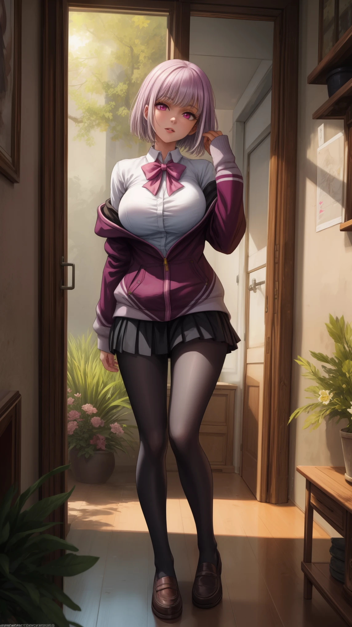 anime female character in school uniform, with short skirt,
BREAK
, shinjou akane, light purple hair, (pink eyes:1.2), short hair, (Beautiful,Huge_Breasts:1.3),
BREAK
, 1girl, solo, Standing in the garden, full body, full figure,
BREAK
, A breathtakingly beautiful garden filled with vibrant flowers, lush green plants, and a crystal-clear pond. The air is filled with the sweet scent of blooming flowers, and rays of golden sunlight gently filter through the leaves, creating a magical atmosphere, 
BREAK
, black pantyhose, bow, collared shirt, hood, hooded jacket, jacket, open clothes, open jacket, open shirt, pantyhose, purple bow, purple jacket, school uniform, shirt, sleeves past wrists, unbuttoned shirt, white shirt, short skirt, 
BREAK
, beautiful detailed eyes, beautiful detailed lips, extremely detailed eyes and face, long eyelashes,
BREAK
, medium: oil painting, atmospheric lighting, dreamy color palette, detailed interior decoration, quiet and peaceful ambiance,
BREAK
, (best quality,4k,8k,highres,masterpiece:1.2), ultra-detailed, official art, extremely detailed CG unity 8k wallpaper, perfect lighting, Colorful, (best_quality:1.0), ultra high res,4K, ultra-detailed, 8K, HDR, high resolution,  absurdres:1.2, film grain, blurry background, (vibrant_color:1.2), (beautiful_face:1.5), (narrow waist),