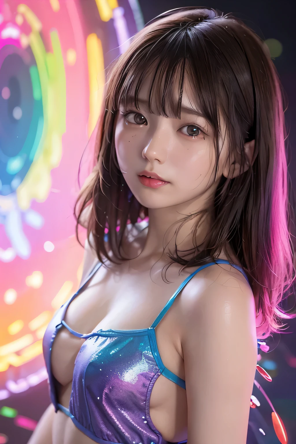 (upper body close-up), portrait, portrait, (alone), masterpiece, highest quality, High contrast in clothes, psychedelic, , particle, bloom, neon lighting, (shine), flat color, splash of color、colors mashing、With a round face、slim、flat body、cute、Sensual Pose、look back