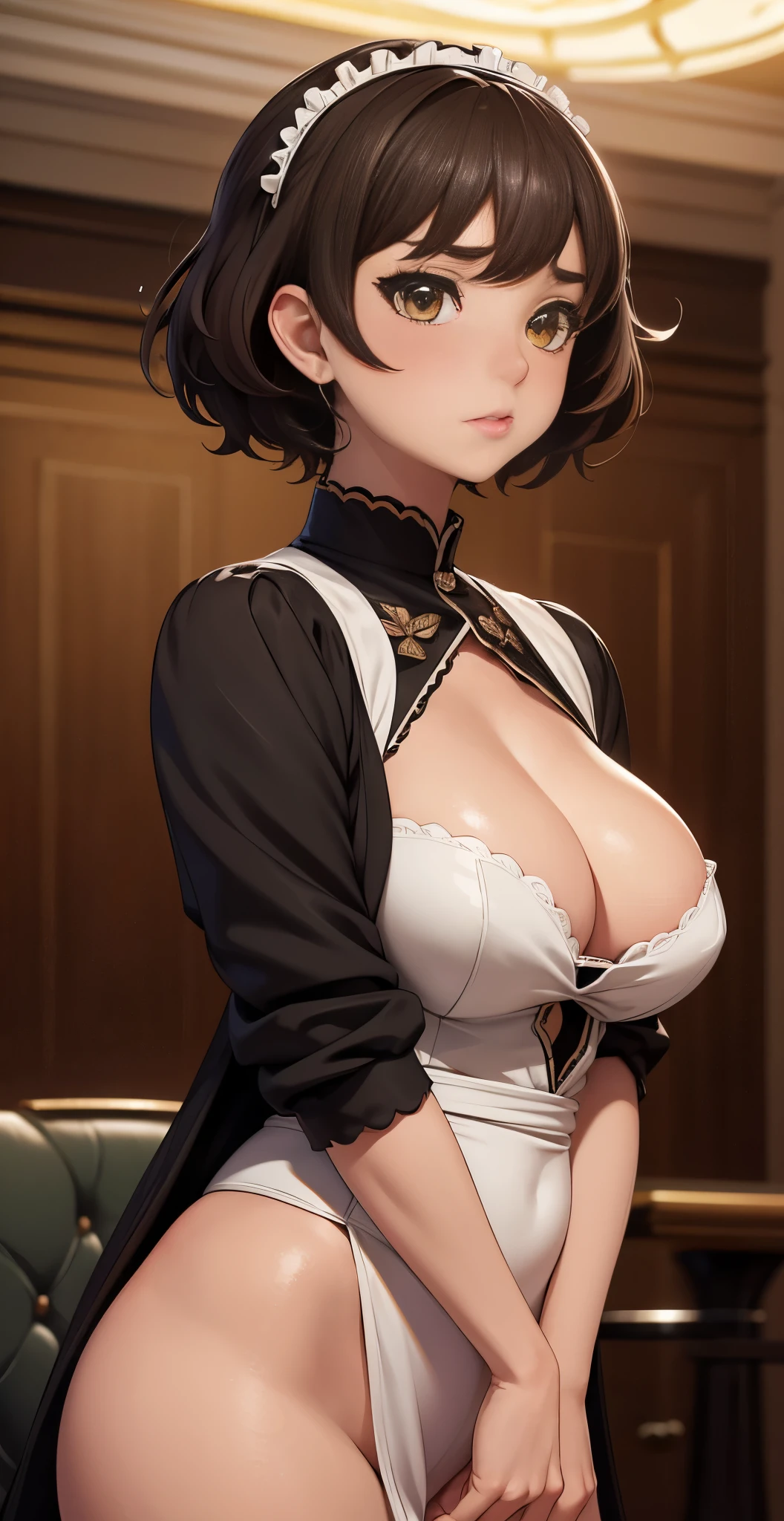 anime, Conceptual art, cinematic lighting, Canon, Nikon, 8k, super detail, 4K, best quality, award winning, anatomically correct, (detailed beautiful eyes and detailed face, masterpiece side light, masterpiece, best quality, detailed, high resolution illustration), ((hyper detailed anatomical eyes)) ((sadayo kawakami)) in maid dark suit, standing in big luxurious dining hall, blushing puff out cheeks