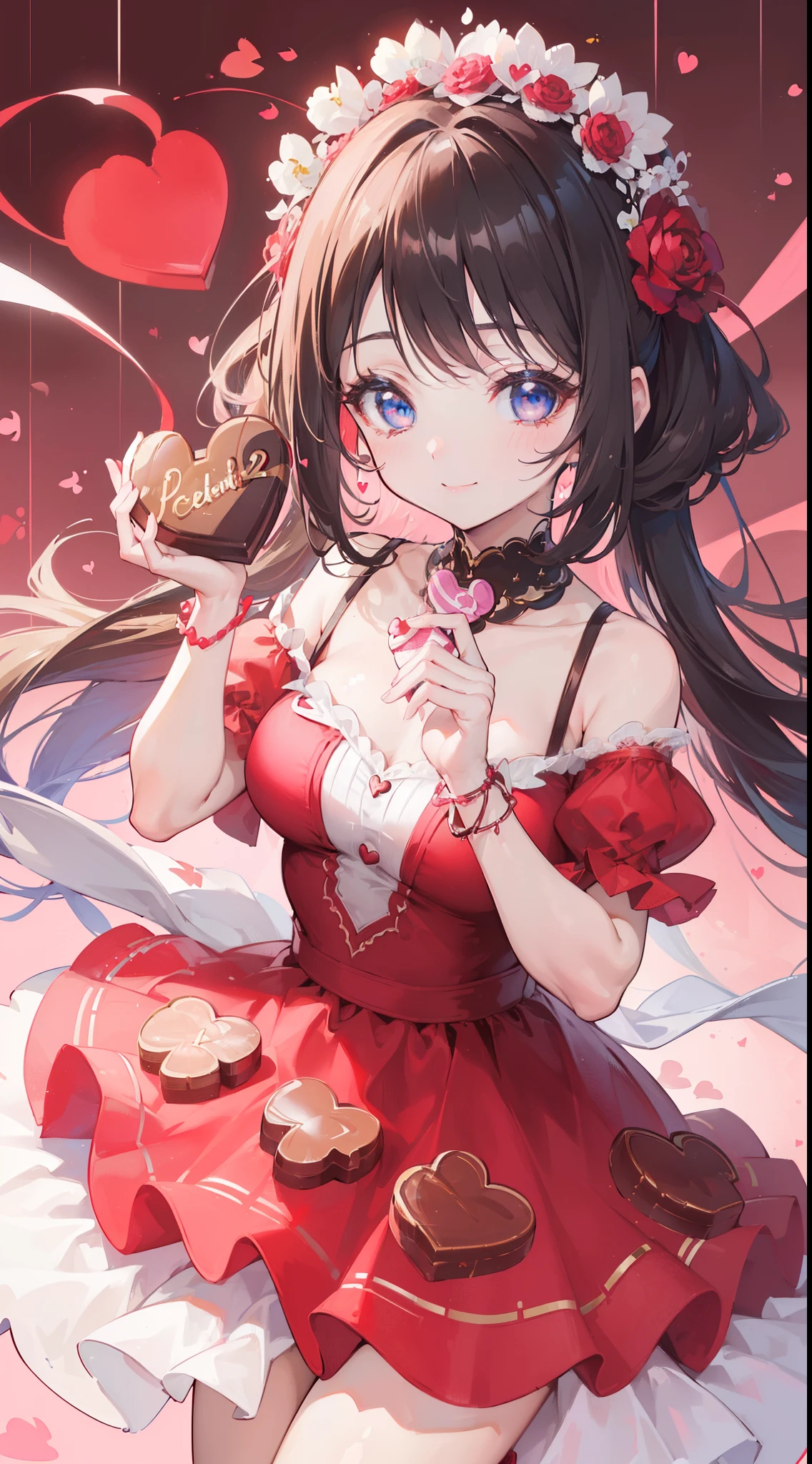 (((32k))), (16k), (8k), (4k), (((32k heart background))), (((Pretty girl))), (((cute girl))), (beautiful quality eyes), (cute smile), (((dress))), (valentine), ((holding heart chocolate)), 