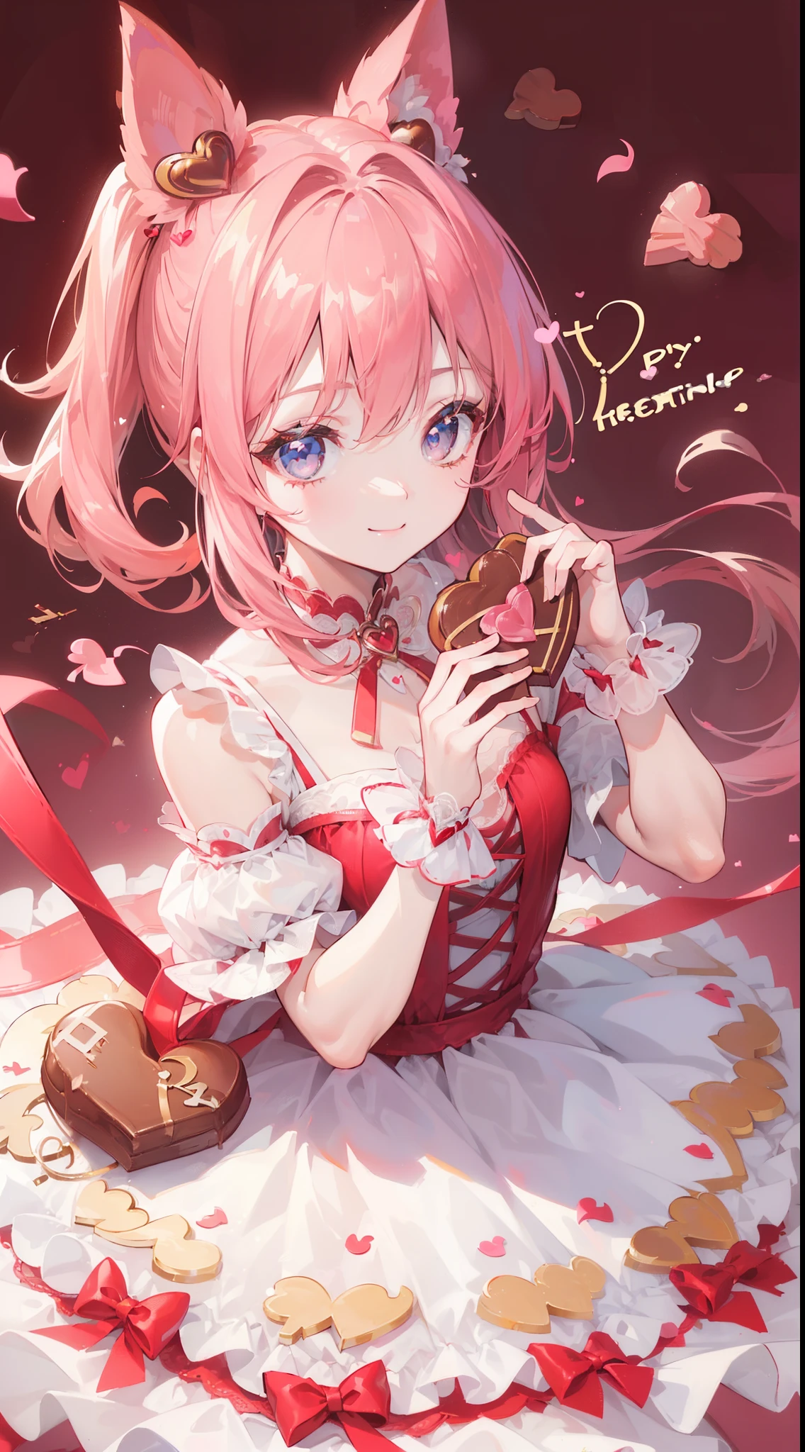 (((32k))), (16k), (8k), (4k), (((32k heart background))), (((Pretty girl))), (((cute girl))), (beautiful quality eyes), (cute smile), (((dress))), (valentine), ((holding heart chocolate)), 