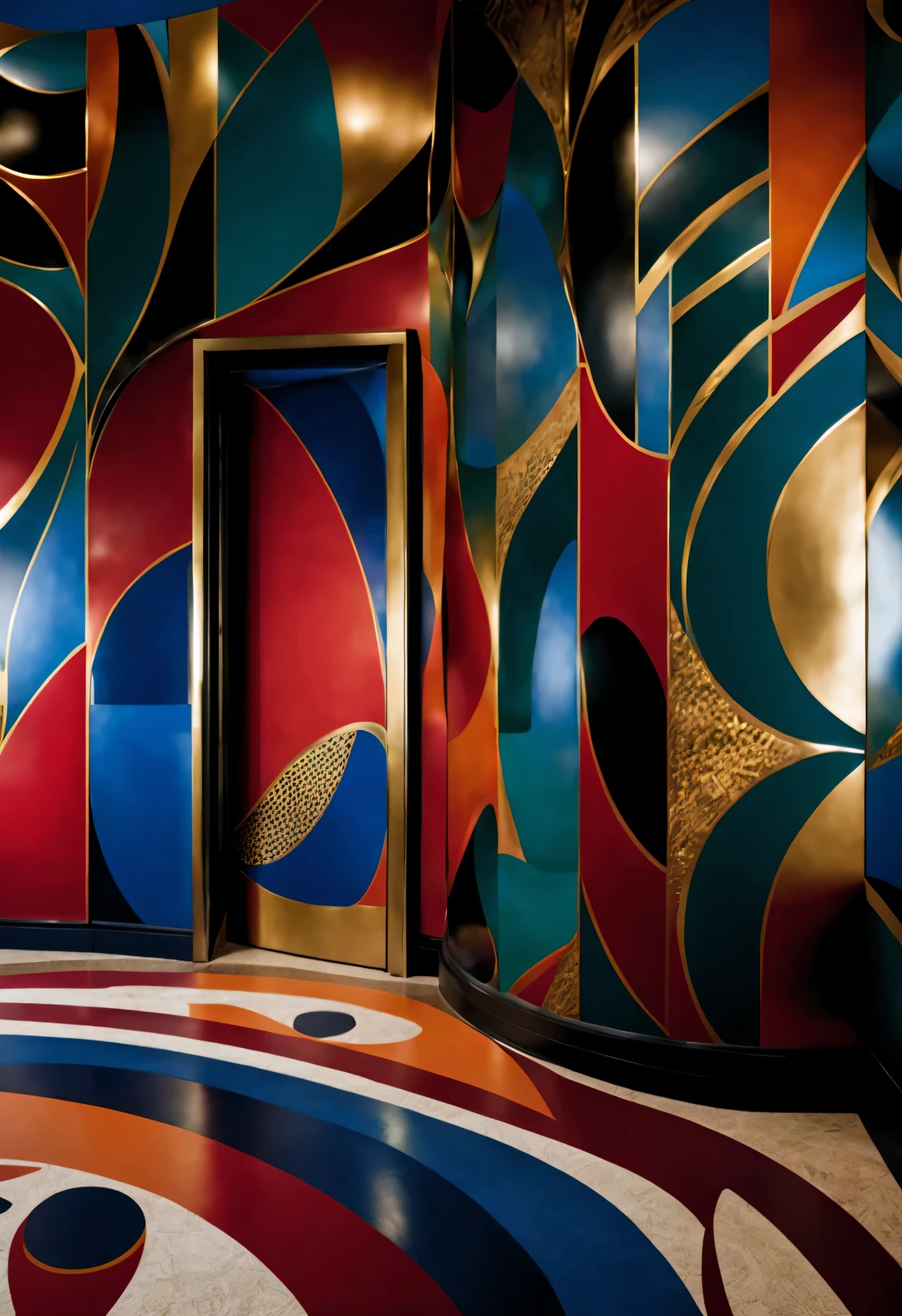 art deco, (Dining room), Crimson, Bright blue, Black, blue green, orange, Shark motif, Zebra stripes, zigzag pattern, ladder diagram, bold and sinuous curves, radial pattern decoration, It is a style of modern art design,author：Andre Lenot,Andrea Palladio,author：Peter Zumthor,dining room,gold leaf wall,antique wall,Wallpaper wall,carbon fiber floor,Glass floor,Steel floor,glare,documentary lighting, European style, Art Deco,two point perspective,  Very detailed, best quality, masterpiece, high resolution, photorealism, 8k, 